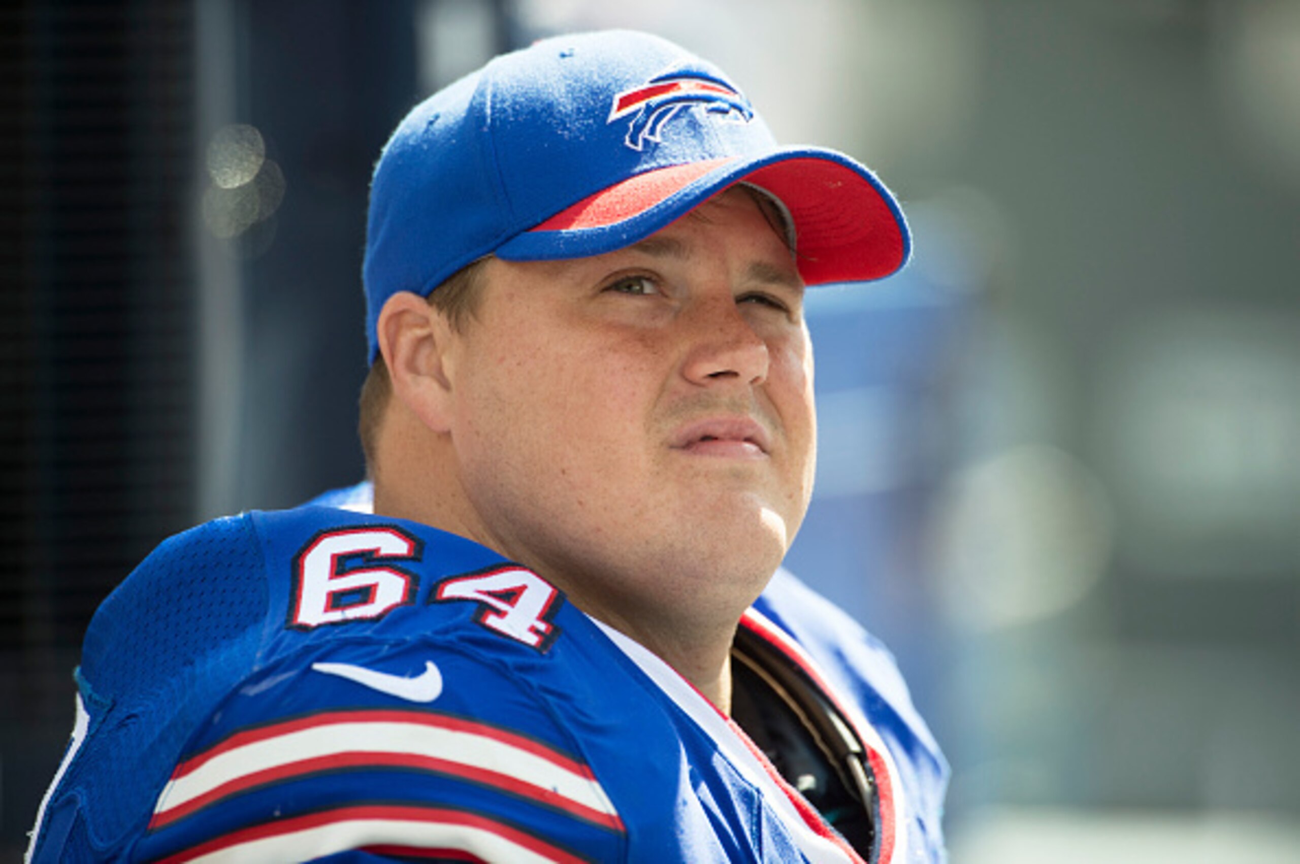 NASHVILLE, TN - OCTOBER 11:  Richie Incognito #64 of the Buffalo Bills looks on during a NFL game against the Tennessee Titans at Nissan Stadium on October 11, 2015 in Nashville, Tennessee.  (Photo by Ronald C. Modra/Sports Imagery/Getty Images)