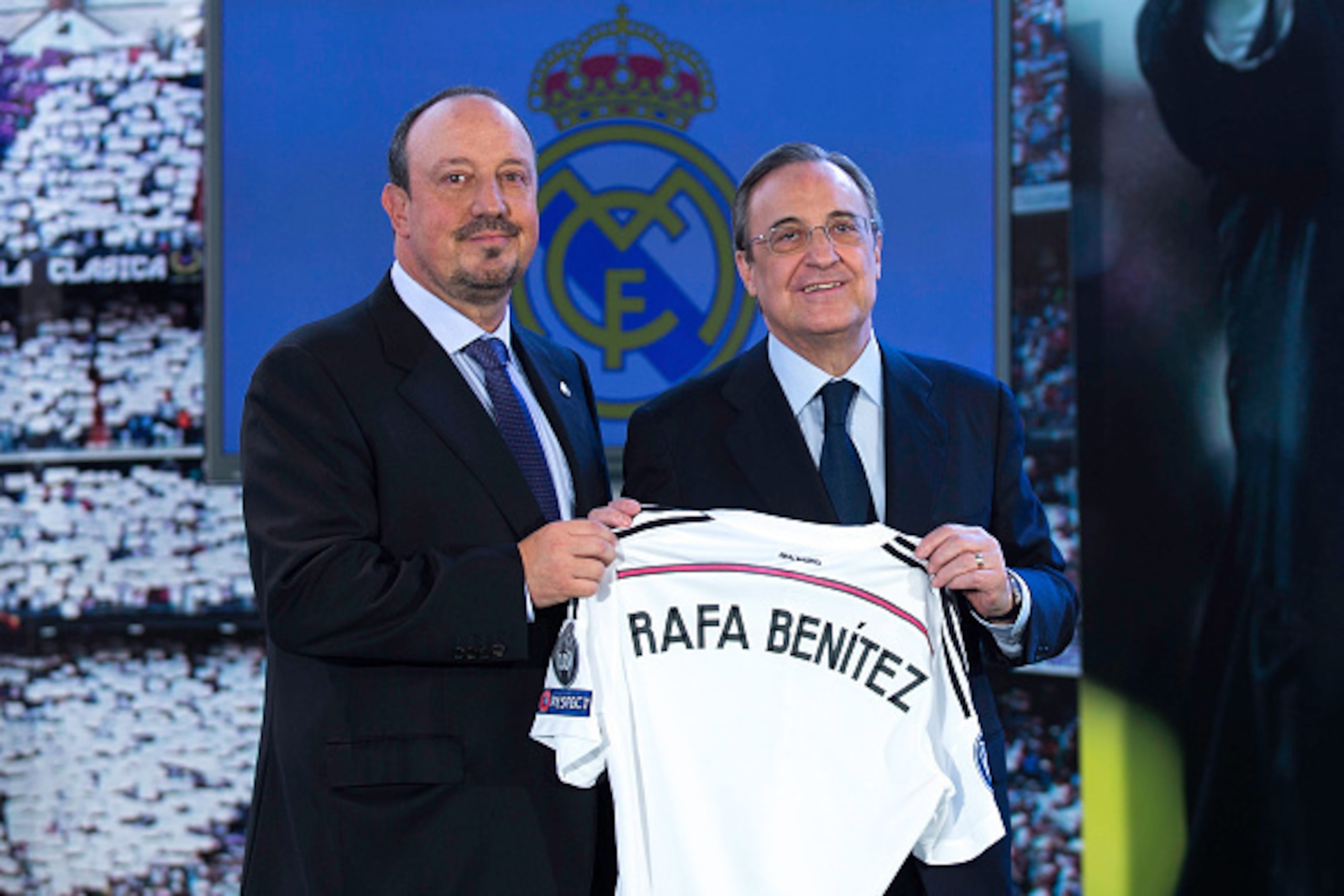 MADRID, SPAIN - JUNE 03:  New Real Madrid head coach Rafael Benitez (L) poses for a picture with president Florentino Perez  (R) during his presentation at Santiago Bernabeu stadium on June 3, 2015 in Madrid, Spain.  (Photo by Gonzalo Arroyo Moreno/Getty 