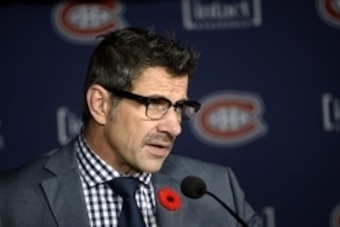 Nov 11, 2014; Montreal, Quebec, CAN; Montreal Canadiens general manager Marc Bergevin speaks at a press conference before the game against the Winnipeg Jets at the Bell Centre. Mandatory Credit: Eric Bolte-USA TODAY Sports
