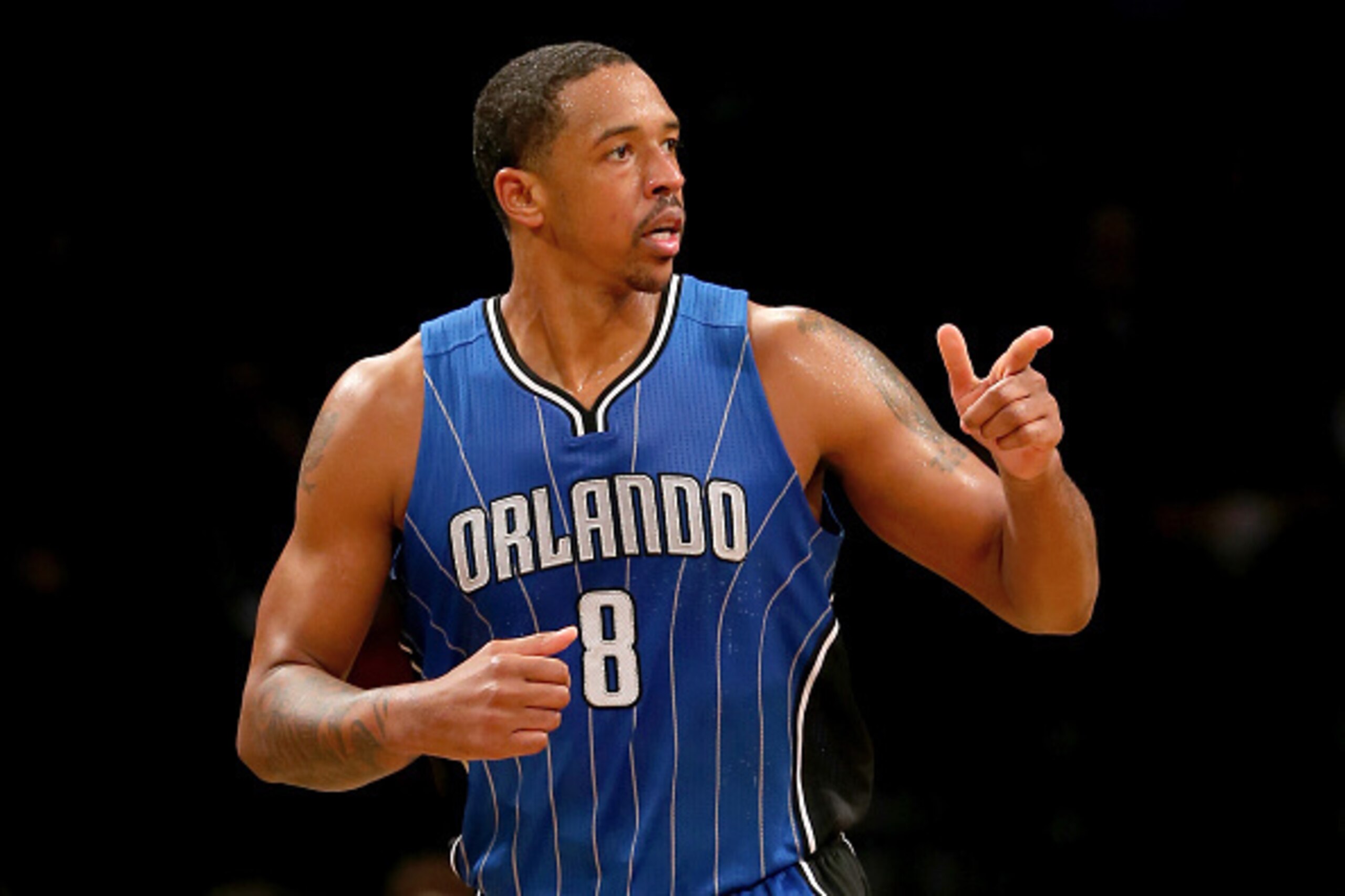 NEW YORK, NY - DECEMBER 14:  Channing Frye #8 of the Orlando Magic celebrates his shot in the second half against the Brooklyn Nets at Barclays Center on December 14, 2015 in the Brooklyn borough of  New York City.NOTE TO USER: User expressly acknowledges