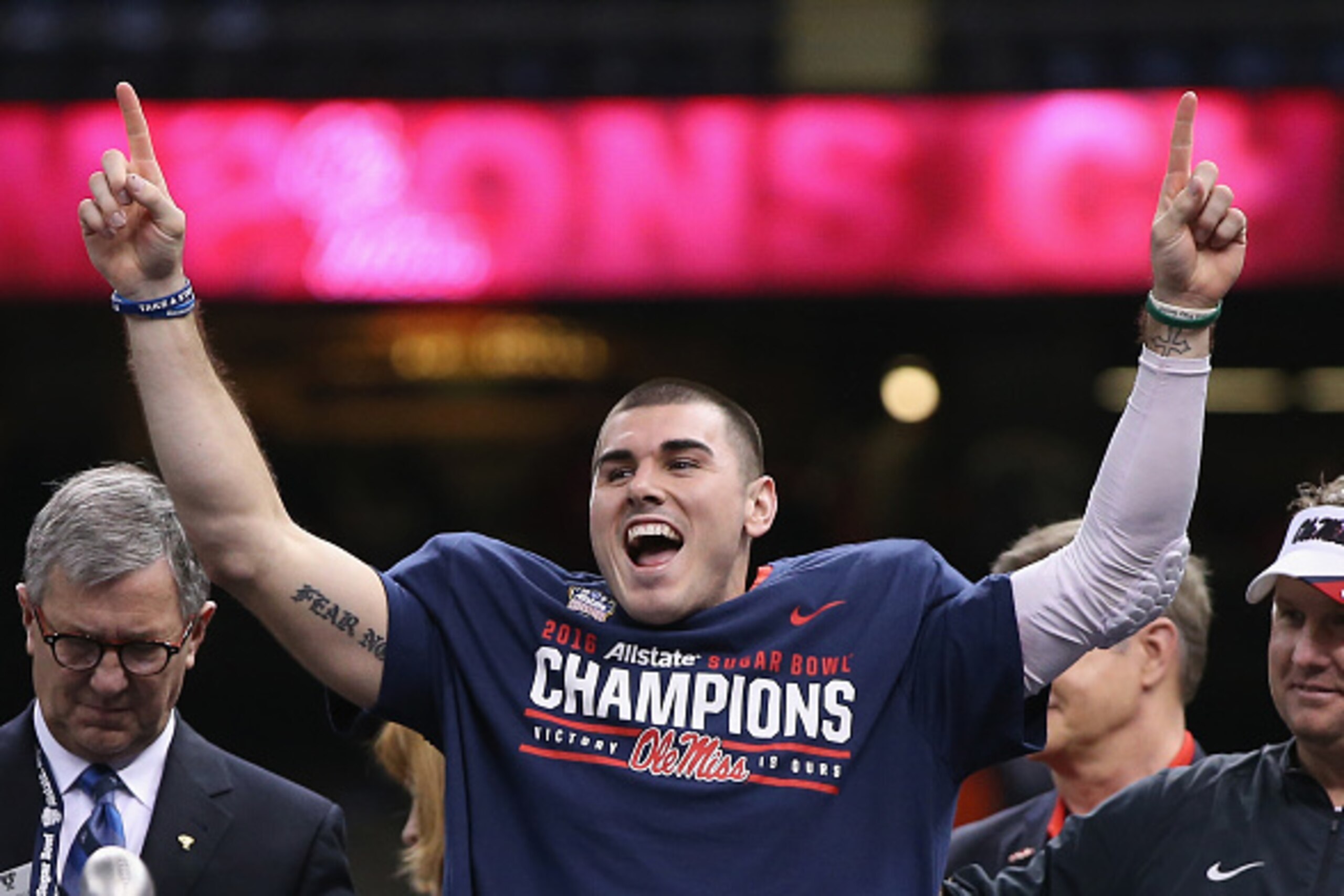 NEW ORLEANS, LA - JANUARY 01: Quarterback Chad Kelly #10 of the Mississippi Rebels celebrates during the trophy ceremony after their 48-20 win over the Oklahoma State Cowboys in the Allstate Sugar Bowl at Mercedes-Benz Superdome on January 1, 2016 in New NEW ORLEANS, LA - JANUARY 01: Quarterback Chad Kelly #10 of the Mississippi Rebels celebrates during the trophy ceremony after their 48-20 win over the Oklahoma State Cowboys in the Allstate Sugar Bowl at Mercedes-Benz Superdome on January 1, 2016 in New