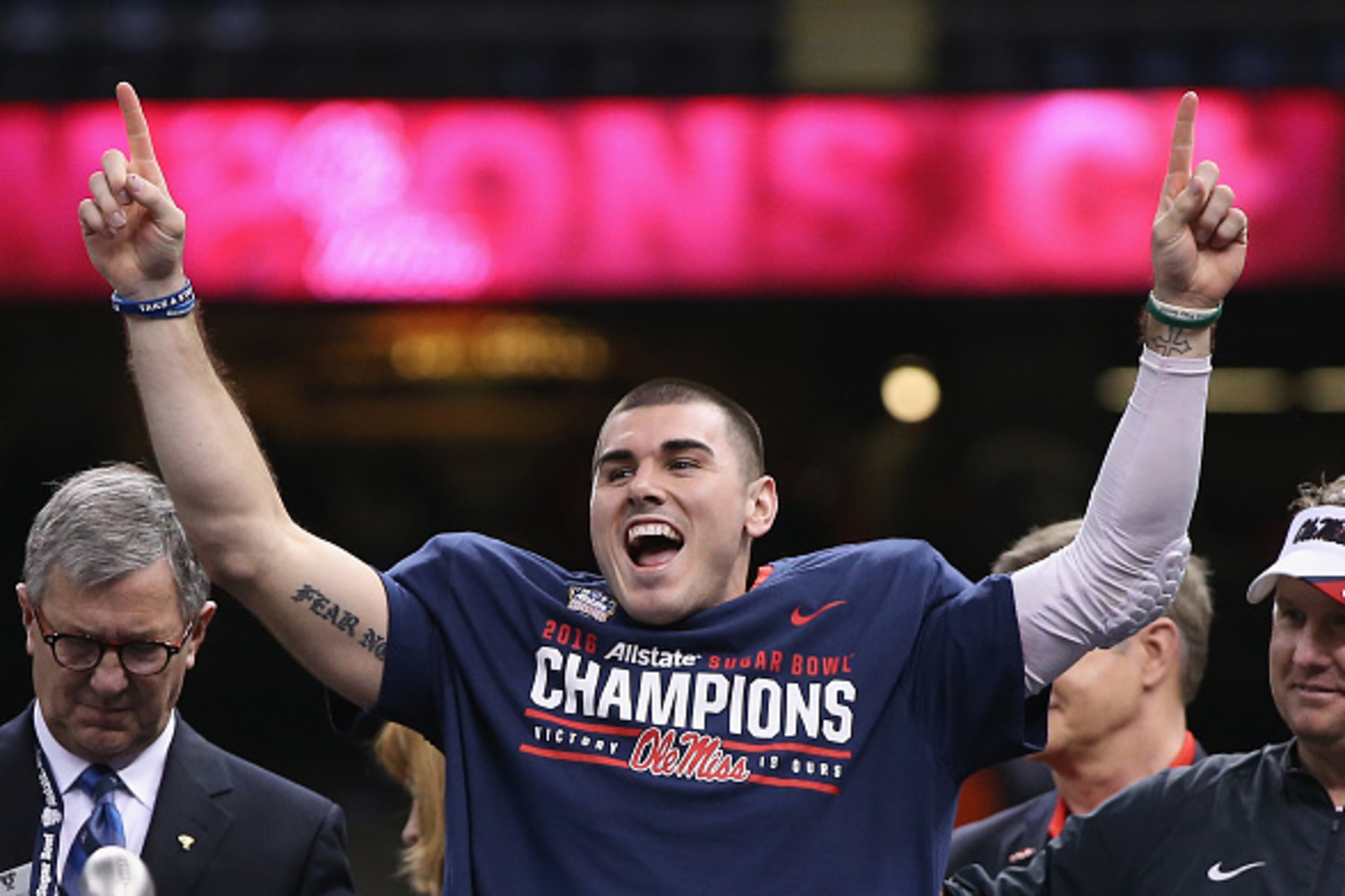 NEW ORLEANS, LA - JANUARY 01:  Quarterback Chad Kelly #10 of the Mississippi Rebels celebrates during the trophy ceremony after their 48-20 win over the Oklahoma State Cowboys in the Allstate Sugar Bowl at Mercedes-Benz Superdome on January 1, 2016 in New