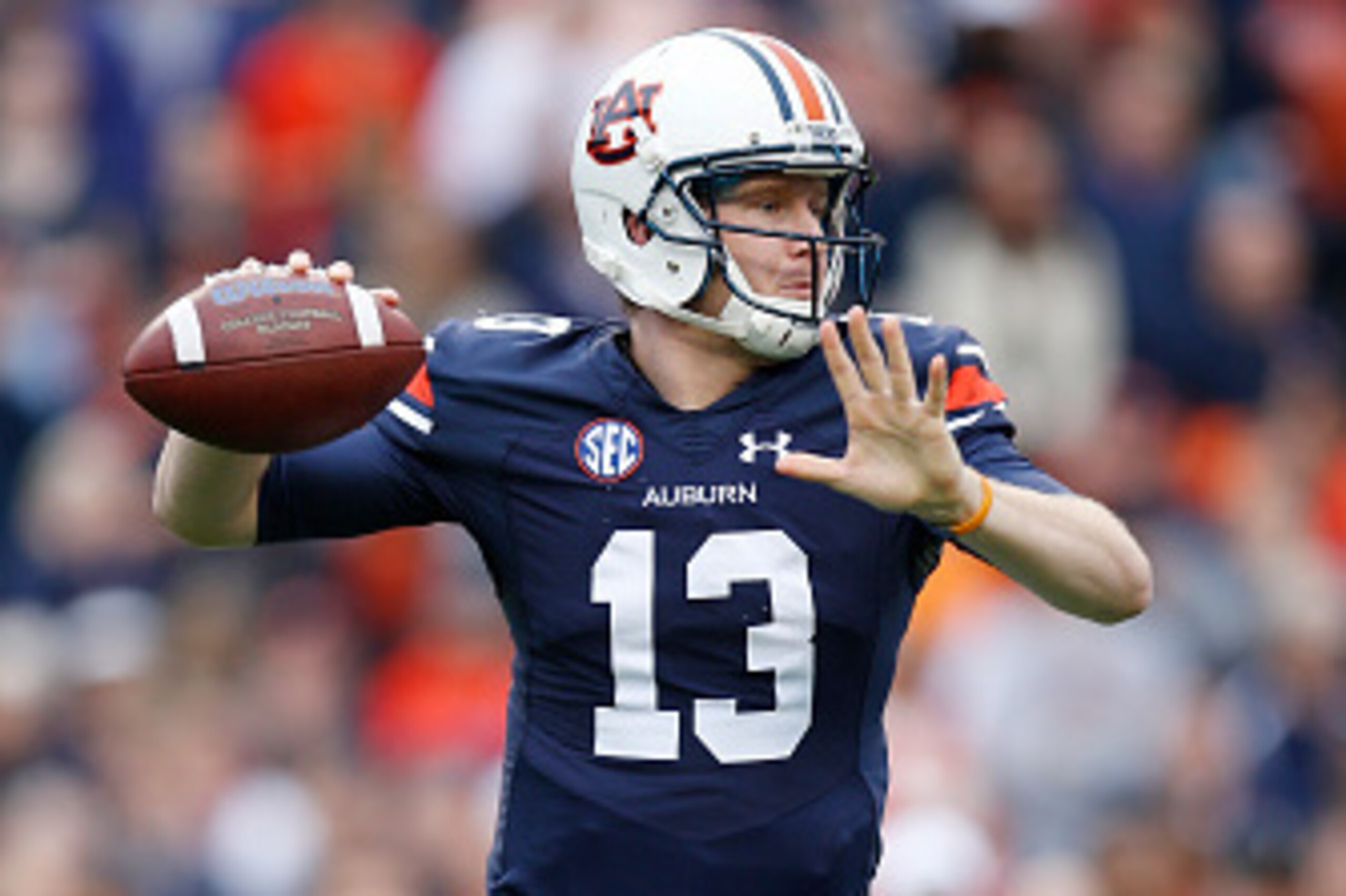 AUBURN, AL - OCTOBER 31: Sean White #13 of the Auburn Tigers looks to pass during a game against the Ole Miss Rebels at Jordan-Hare Stadium on October 31, 2015 in Auburn, Alabama. Ole Miss defeated Auburn 27-19. (Photo by Joe Robbins/Getty Images) AUBURN, AL - OCTOBER 31: Sean White #13 of the Auburn Tigers looks to pass during a game against the Ole Miss Rebels at Jordan-Hare Stadium on October 31, 2015 in Auburn, Alabama. Ole Miss defeated Auburn 27-19. (Photo by Joe Robbins/Getty Images)