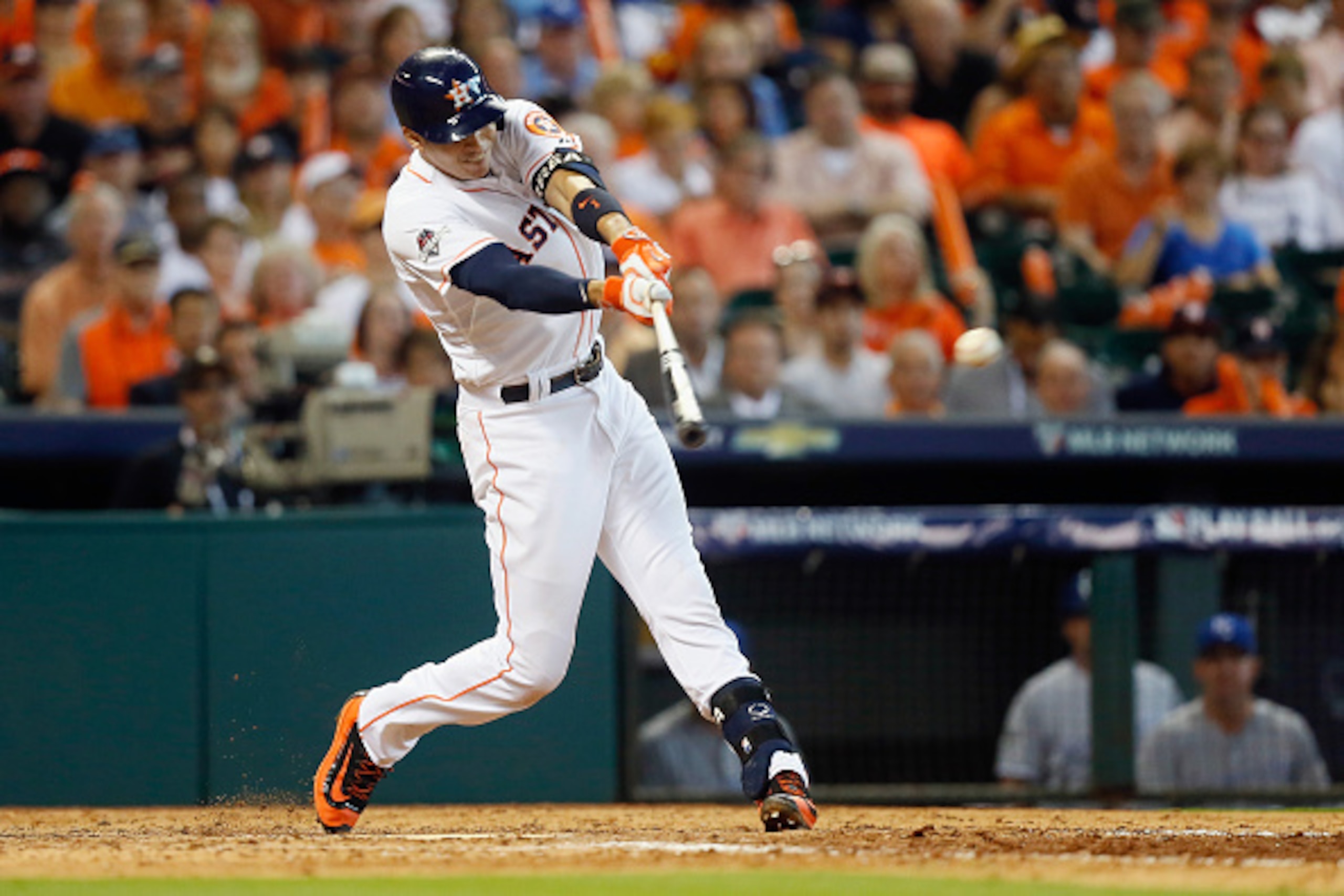 HOUSTON, TX - OCTOBER 11:  Carlos Correa #1 of the Houston Astros hits a single in the eighth inning against the Kansas City Royals in game three of the American League Division Series at Minute Maid Park on October 11, 2015 in Houston, Texas.  (Photo by 
