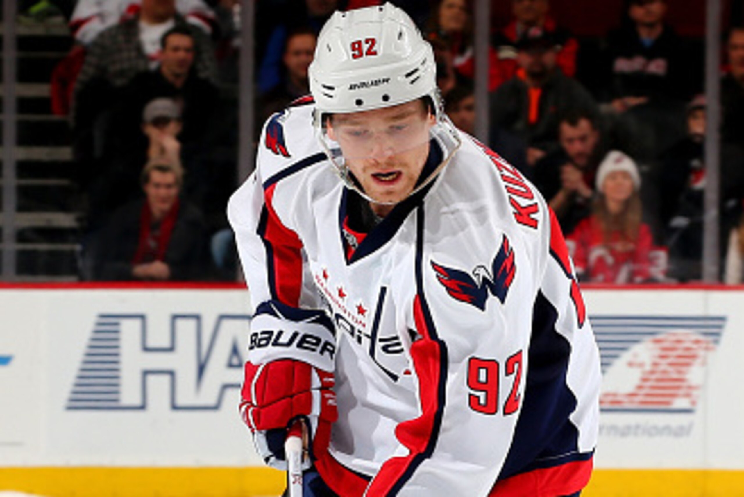 NEWARK, NJ - FEBRUARY 06: Evgeny Kuznetsov #92 of the Washington Capitals takes the puck against the New Jersey Devils on February 6, 2016 at Prudential Center in Newark, New Jersey.The Washington Capitals defeated the New Jersey Devils 3-2 in an overtim NEWARK, NJ - FEBRUARY 06: Evgeny Kuznetsov #92 of the Washington Capitals takes the puck against the New Jersey Devils on February 6, 2016 at Prudential Center in Newark, New Jersey.The Washington Capitals defeated the New Jersey Devils 3-2 in an overtim