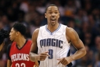 Dec 28, 2015; Orlando, FL, USA; Orlando Magic forward Channing Frye (8) reacts to making a basket during the second quarter of a basketball game against the New Orleans Pelicans at Amway Center. Mandatory Credit: Reinhold Matay-USA TODAY Sports