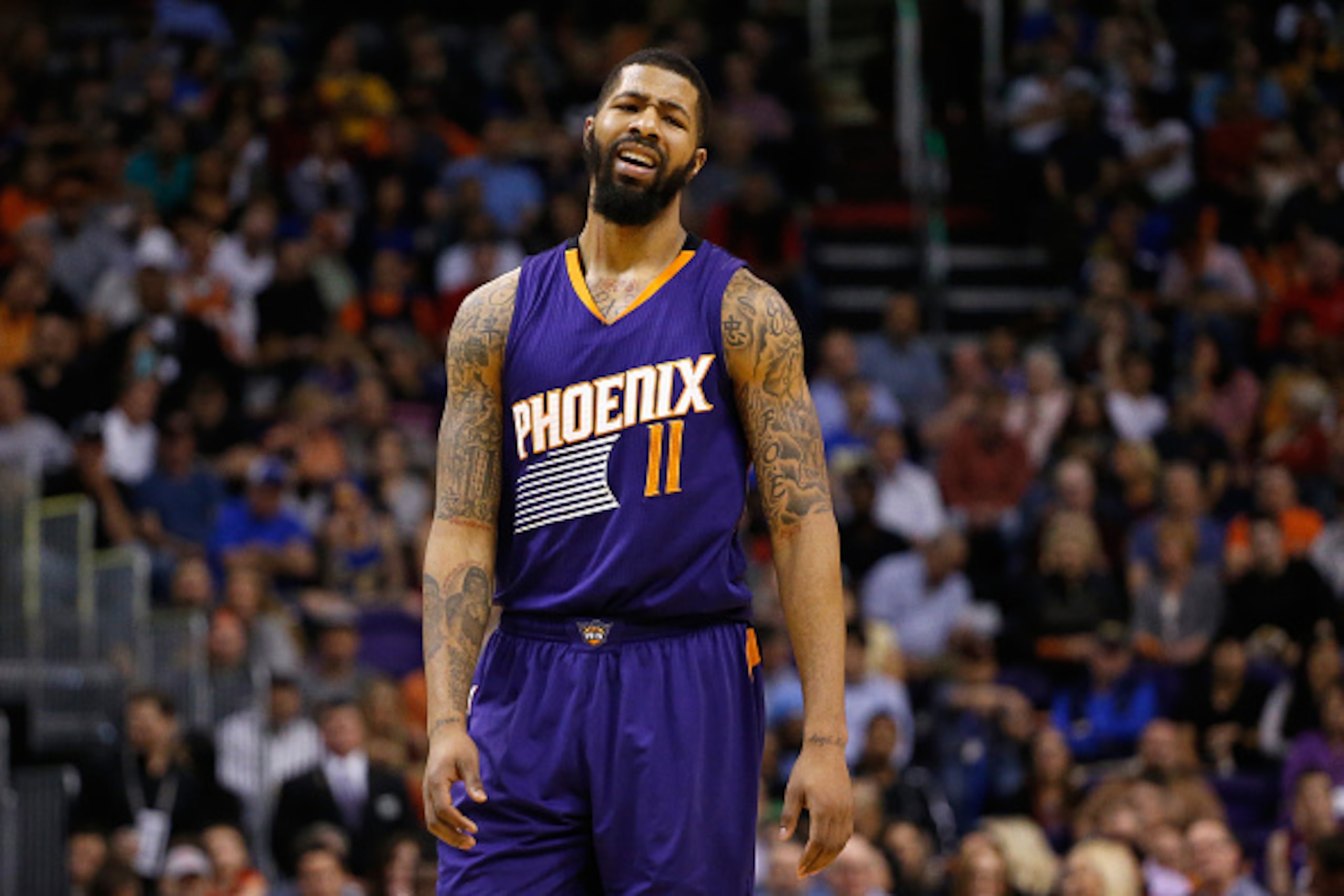 PHOENIX, AZ - FEBRUARY 10: Markieff Morris #11 of the Phoenix Suns reacts during the NBA game against the Golden State Warriors at Talking Stick Resort Arena on February 10, 2016 in Phoenix, Arizona. The Warriors defeated the Suns 112-104. NOTE TO USER: PHOENIX, AZ - FEBRUARY 10: Markieff Morris #11 of the Phoenix Suns reacts during the NBA game against the Golden State Warriors at Talking Stick Resort Arena on February 10, 2016 in Phoenix, Arizona. The Warriors defeated the Suns 112-104. NOTE TO USER: