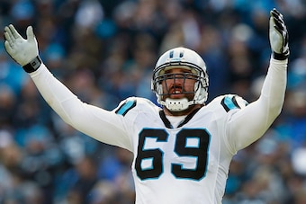 CHARLOTTE, NC - JANUARY 17:  Jared Allen #69 of the Carolina Panthers celebrates during the second quarter of the NFC Divisional Playoff Game against the Seattle Seahawks at Bank of America Stadium on January 17, 2016 in Charlotte, North Carolina.  (Photo
