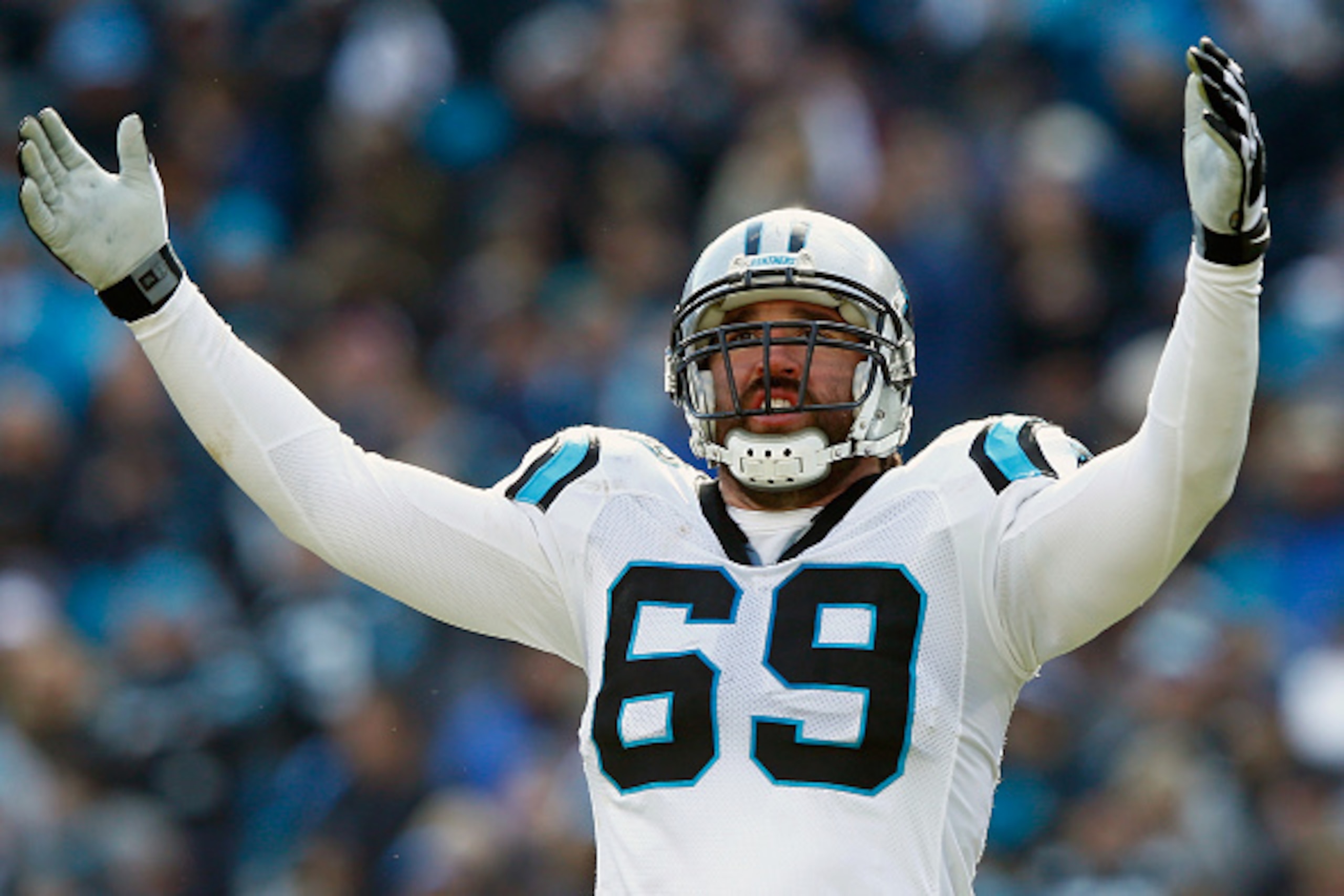 CHARLOTTE, NC - JANUARY 17:  Jared Allen #69 of the Carolina Panthers celebrates during the second quarter of the NFC Divisional Playoff Game against the Seattle Seahawks at Bank of America Stadium on January 17, 2016 in Charlotte, North Carolina.  (Photo