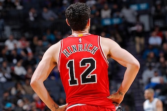 CHARLOTTE, NC - FEBRUARY 8: Kirk Hinrich #12 of the Chicago Bulls looks on during the game against the Charlotte Hornets on Februay 8, 2016 at Time Warner Cable Arena in Charlotte, North Carolina. NOTE TO USER: User expressly acknowledges and agrees that,