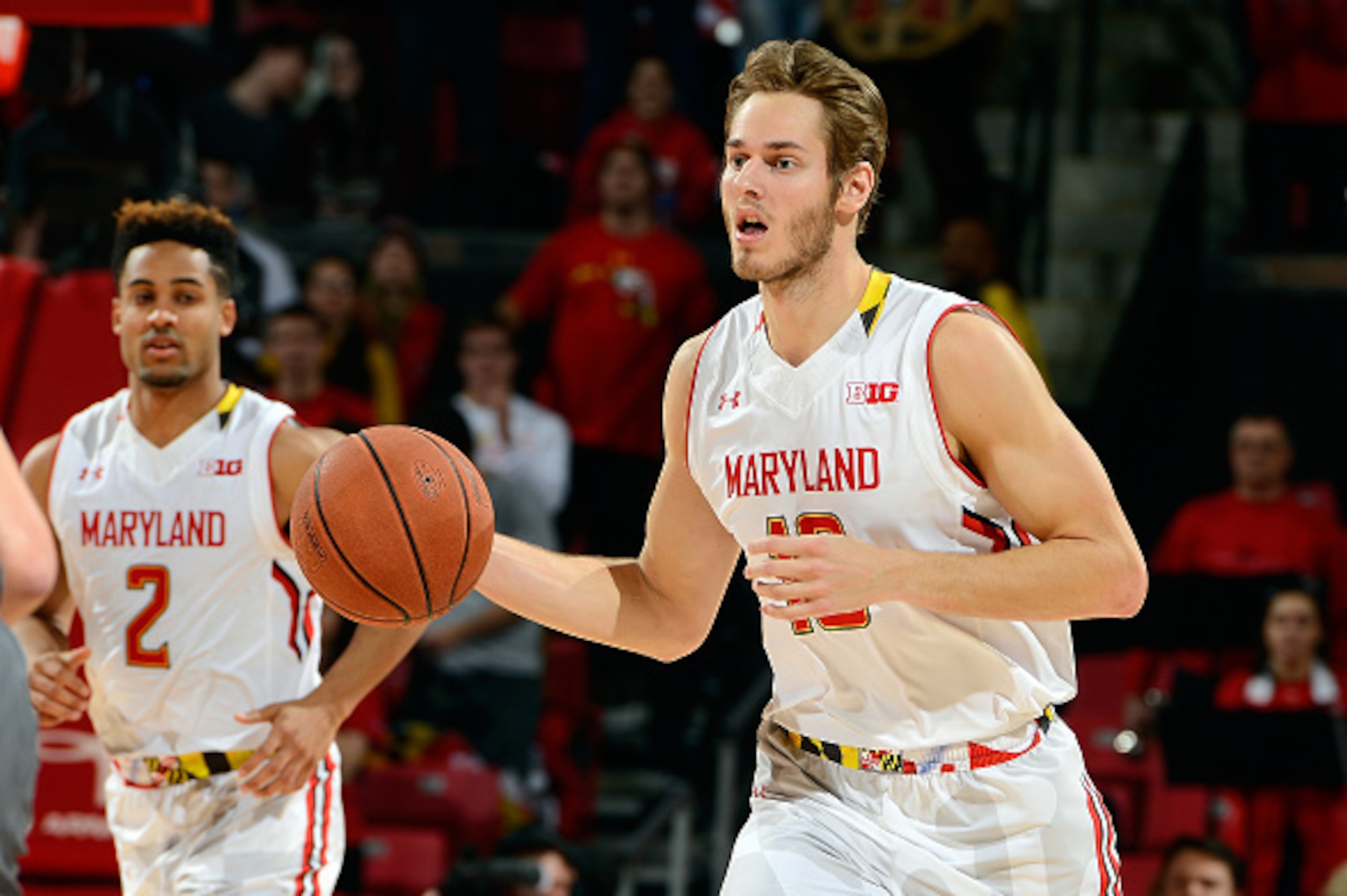 COLLEGE PARK, MD - JANUARY 19:  Jake Layman #10 of the Maryland Terrapins handles the ball against the Northwestern Wildcats at Xfinity Center on January 19, 2016 in College Park, Maryland.  (Photo by G Fiume/Maryland Terrapins/Getty Images)