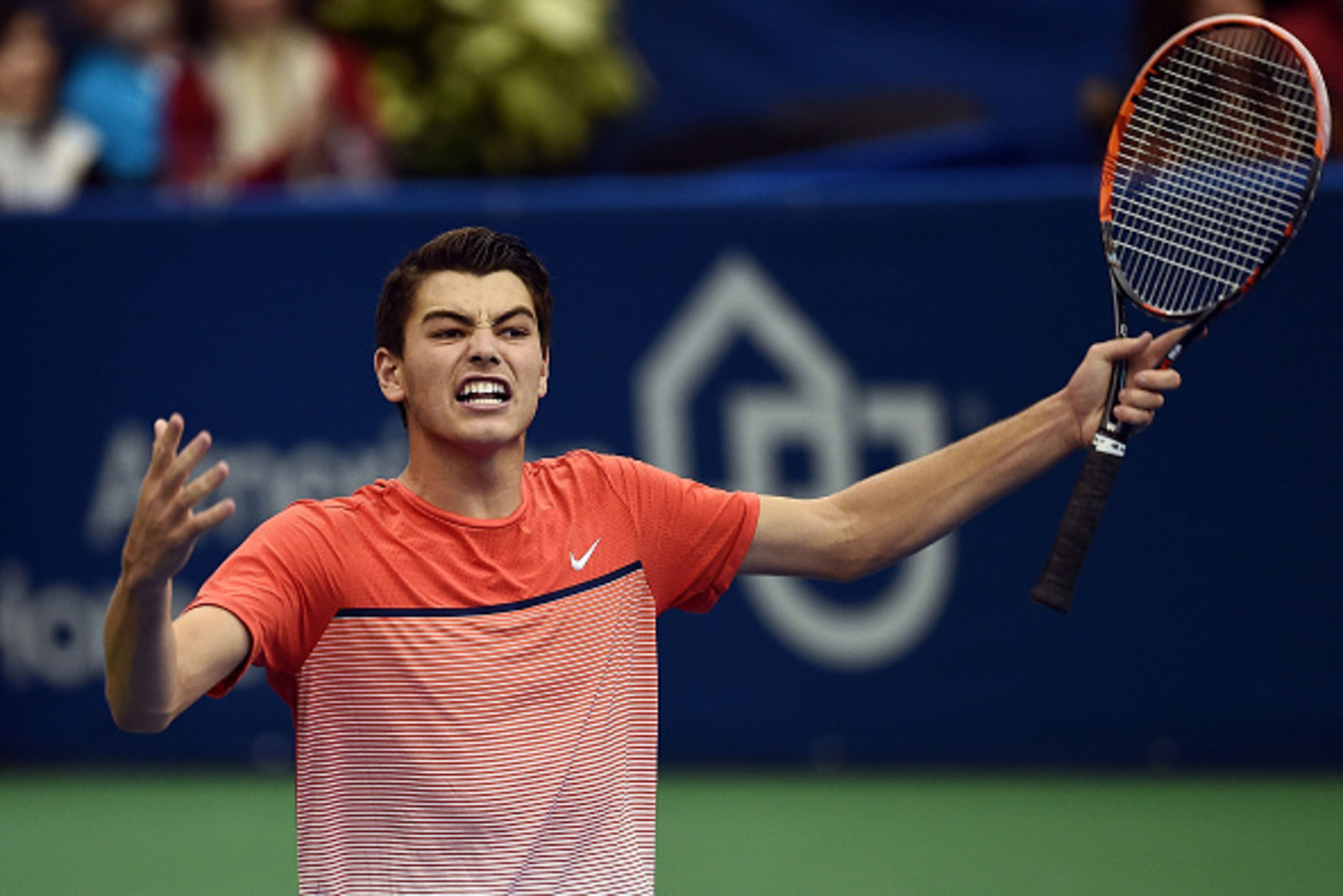 MEMPHIS, TN - FEBRUARY 13:  Taylor Fritz of the United States reacts to a victory over Ricardas Berankis of Lithuania in their semi-final singles match on Day 6 of the Memphis Openat the Racquet Club of Memphis on February 13, 2016 in Memphis, Tennessee. 