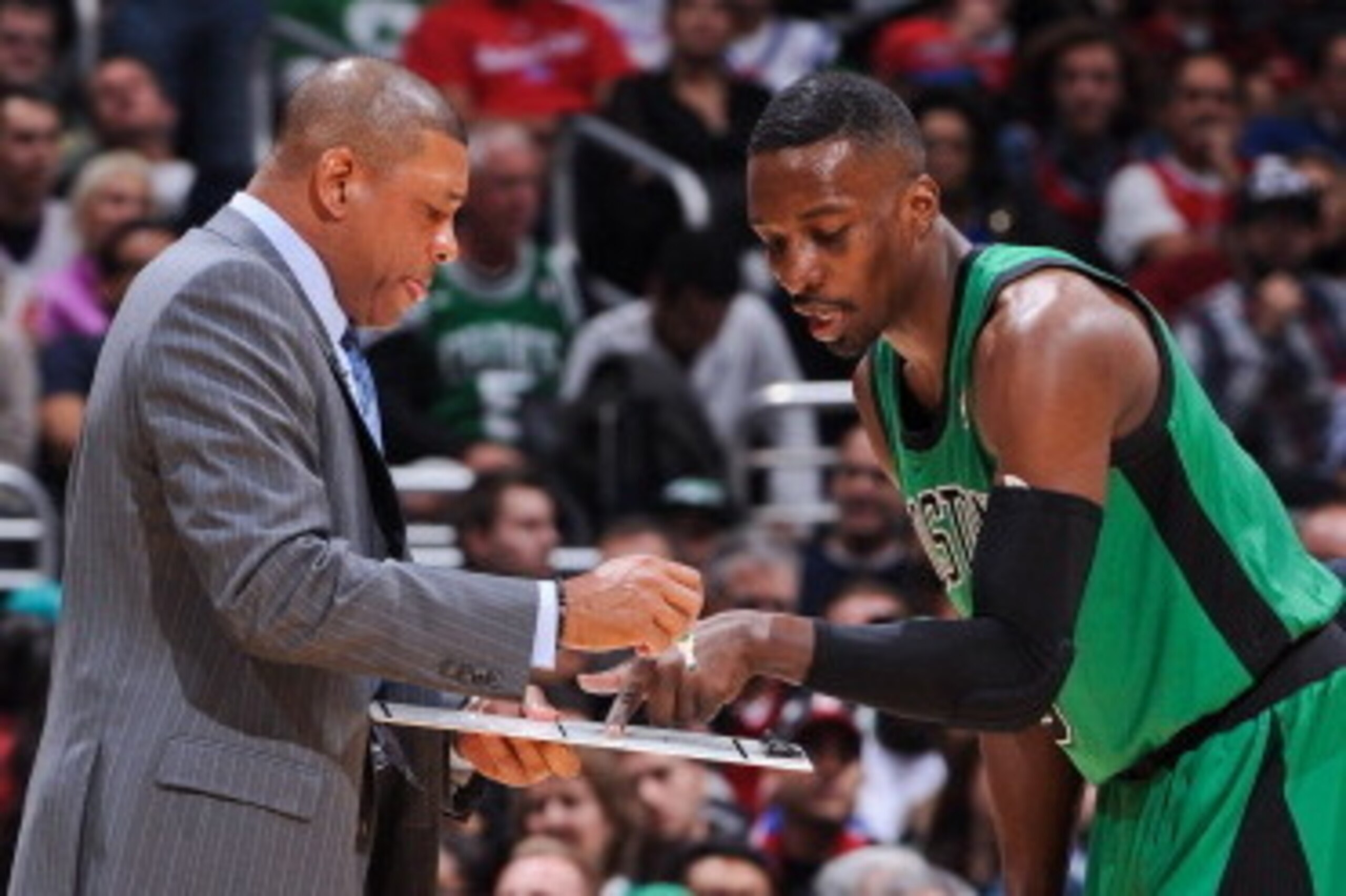 LOS ANGELES, CA - DECEMBER 27: Head Coach Doc Rivers of the Boston Celtics draws up a play with Jeff Green #8 against the Los Angeles Clippers on December 27, 2012 at the Staples Center in Los Angeles, California. NOTE TO USER: User expressly acknowledges LOS ANGELES, CA - DECEMBER 27: Head Coach Doc Rivers of the Boston Celtics draws up a play with Jeff Green #8 against the Los Angeles Clippers on December 27, 2012 at the Staples Center in Los Angeles, California. NOTE TO USER: User expressly acknowledges