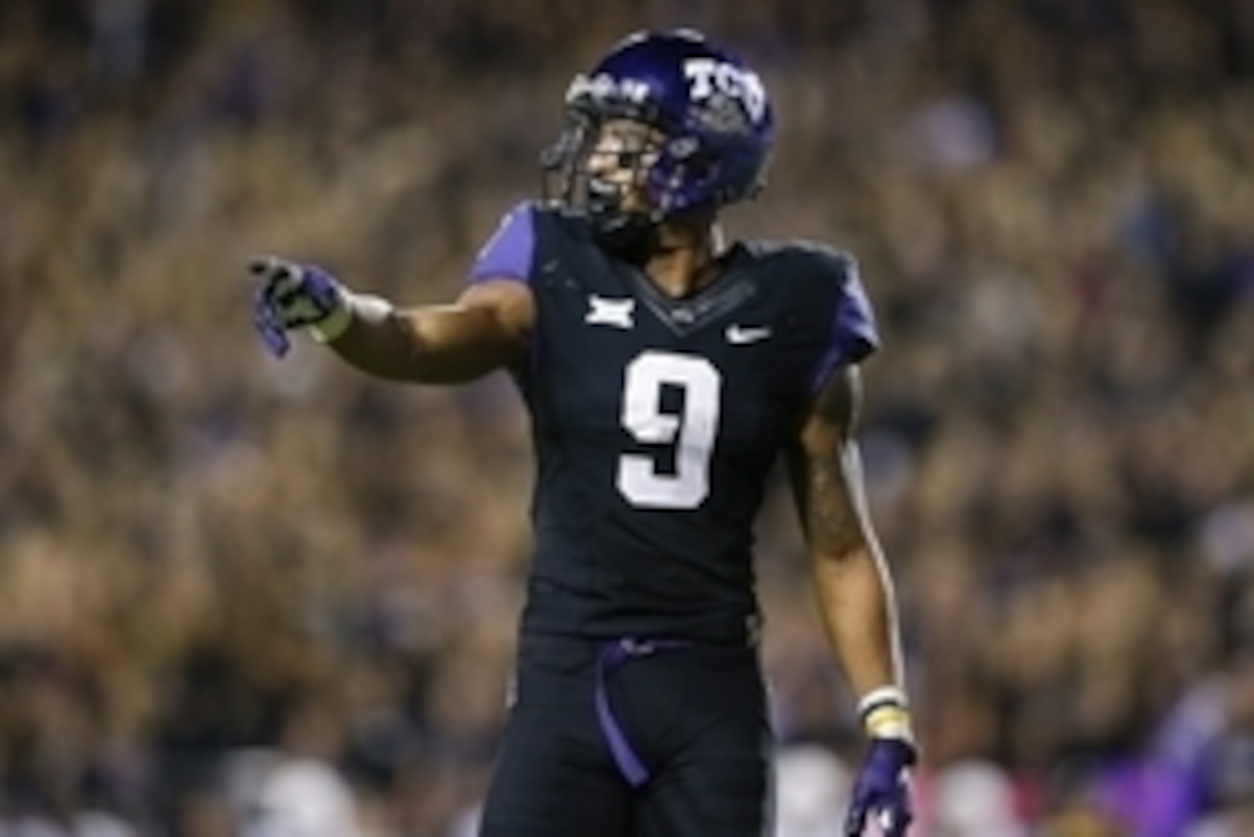 Oct 29, 2015; Fort Worth, TX, USA; TCU Horned Frogs wide receiver Josh Doctson (9) during the game against the West Virginia Mountaineers at Amon G. Carter Stadium. Mandatory Credit: Kevin Jairaj-USA TODAY Sports