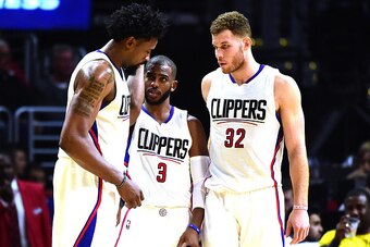LOS ANGELES, CA - DECEMBER 21:  DeAndre Jordan #6, Chris Paul #3 and Blake Griffin #32 of the Los Angeles Clippers gather during the game against the Oklahoma City Thunder at Staples Center on December 21, 2015 in Los Angeles, California.  NOTE TO USER: U
