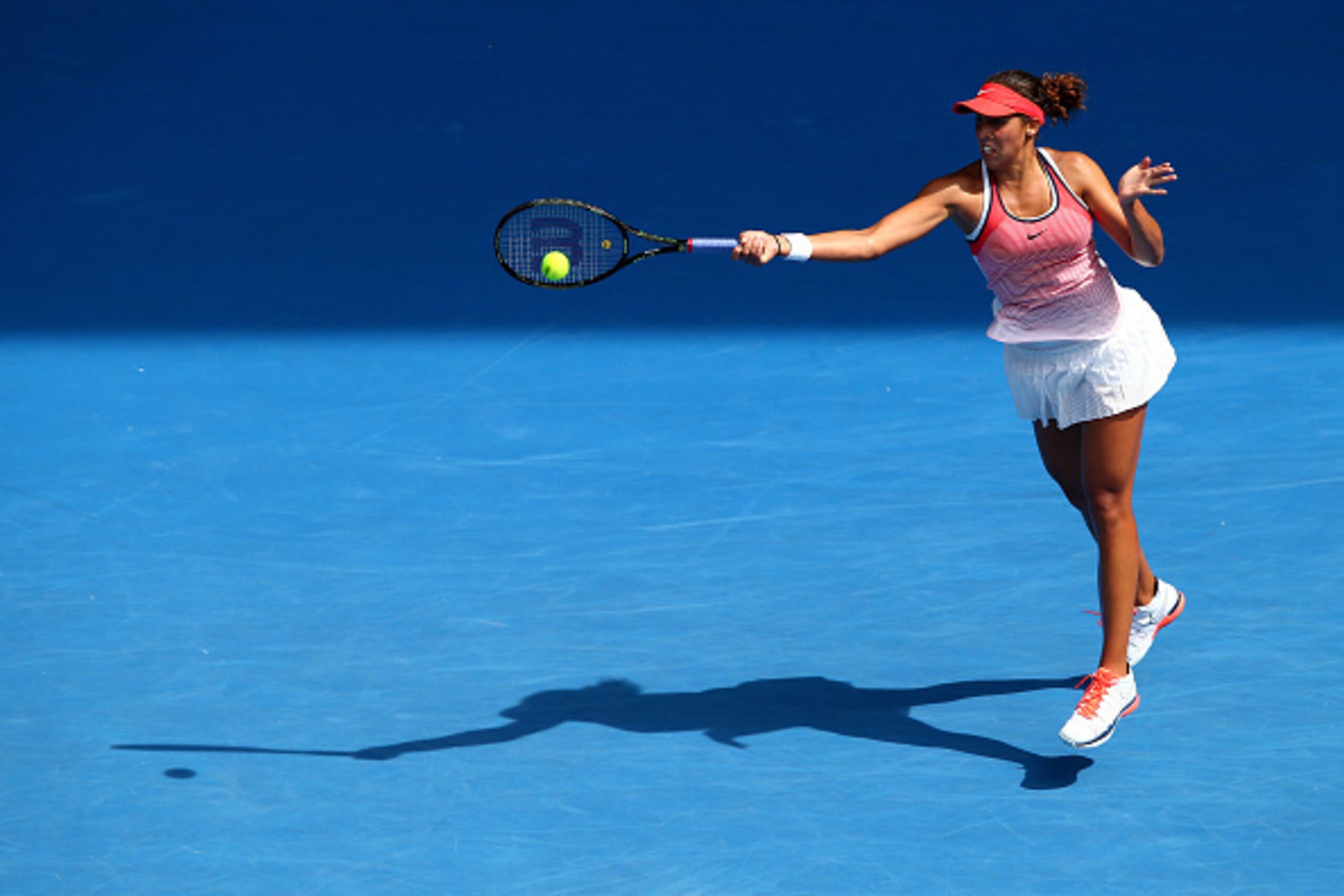 MELBOURNE, AUSTRALIA - JANUARY 21:  Madison Keys of the United States plays a forehand in her second round match against Yaroslava Shvedova of Kazakhstan during day four of the 2016 Australian Open at Melbourne Park on January 21, 2016 in Melbourne, Austr