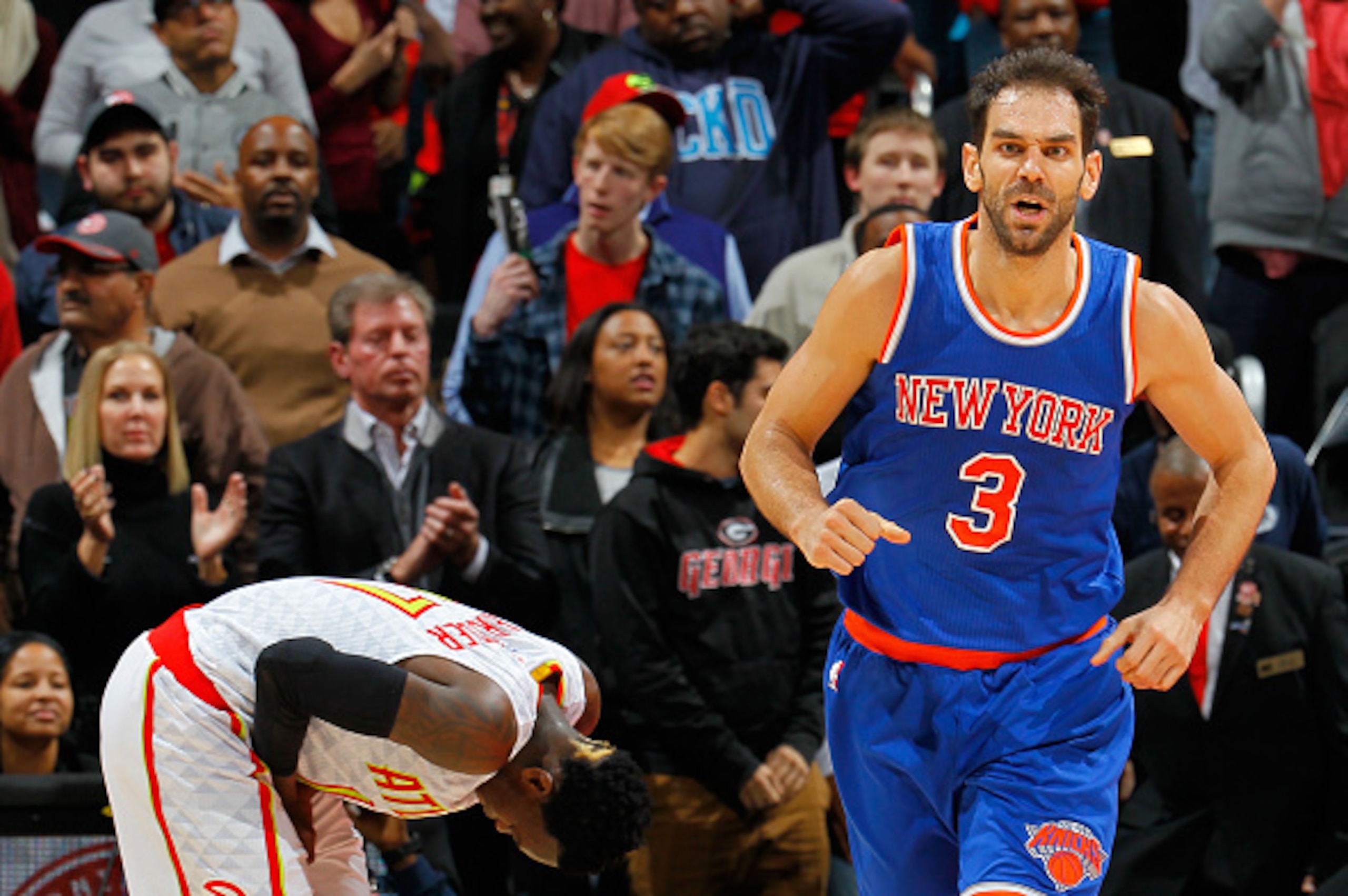 ATLANTA, GA - JANUARY 05:  Jose Calderon #3 of the New York Knicks reacts after driving for a basket in the final seconds of their 107-101 win over the Atlanta Hawks at Philips Arena on January 5, 2016 in Atlanta, Georgia.  NOTE TO USER User expressly ack