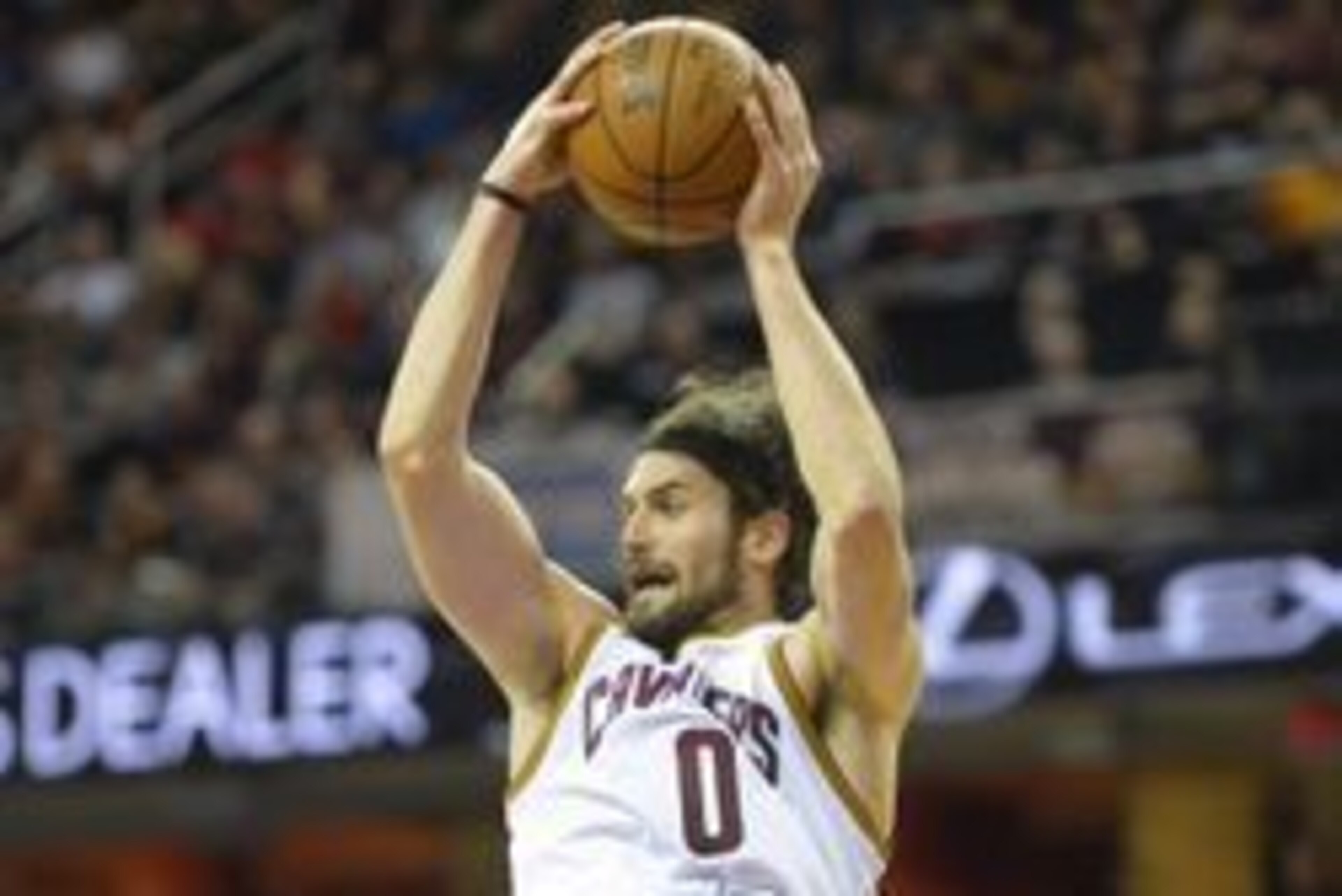 Feb 8, 2016; Cleveland, OH, USA; Cleveland Cavaliers forward Kevin Love (0) rebounds in the first quarter against the Sacramento Kings at Quicken Loans Arena. Mandatory Credit: David Richard-USA TODAY Sports