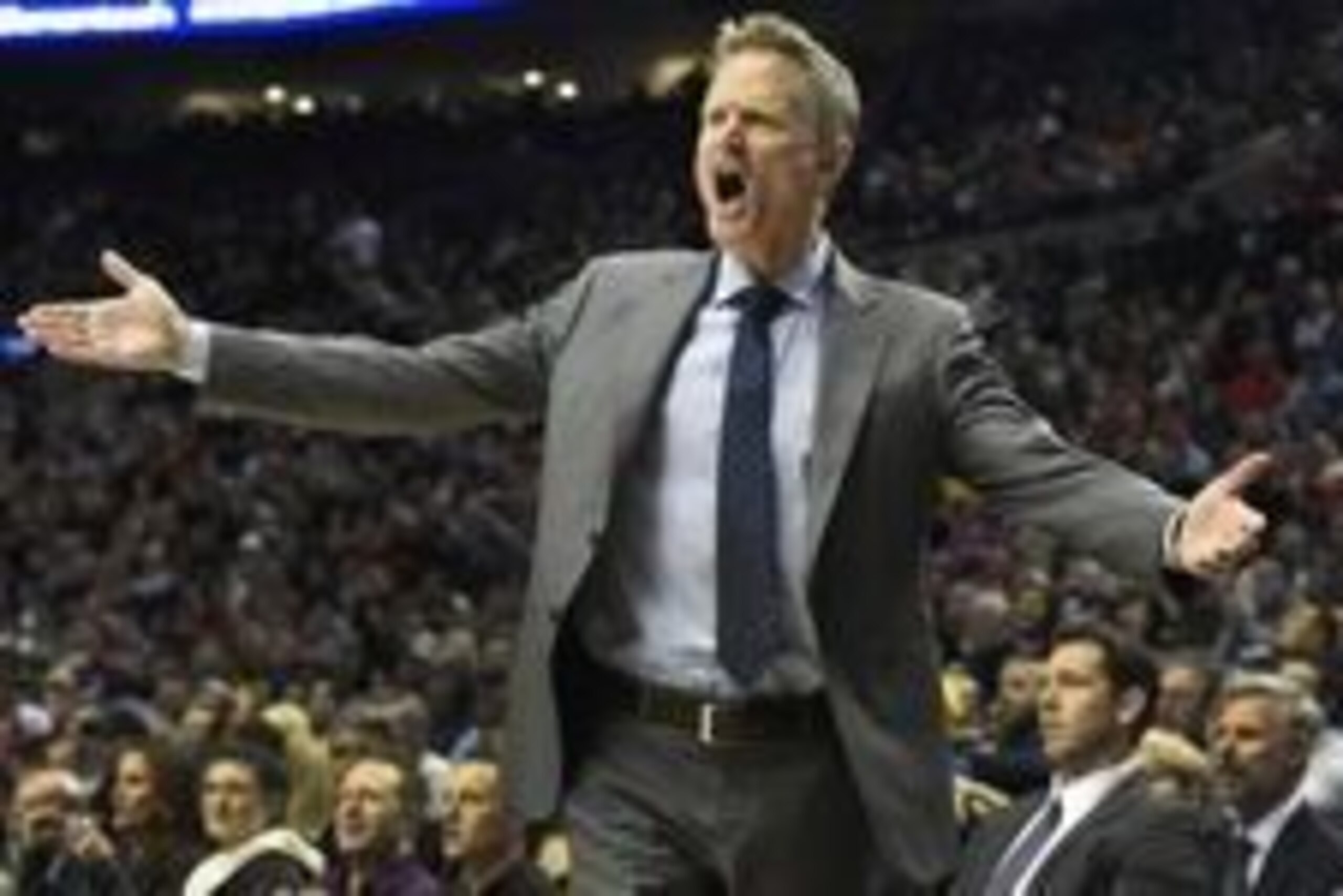 Feb 19, 2016; Portland, OR, USA; Golden State Warriors head coach Steve Kerr reacts to a call during the first quarter of the game against the Portland Trail Blazers at the Moda Center at the Rose Quarter. Mandatory Credit: Steve Dykes-USA TODAY Sports