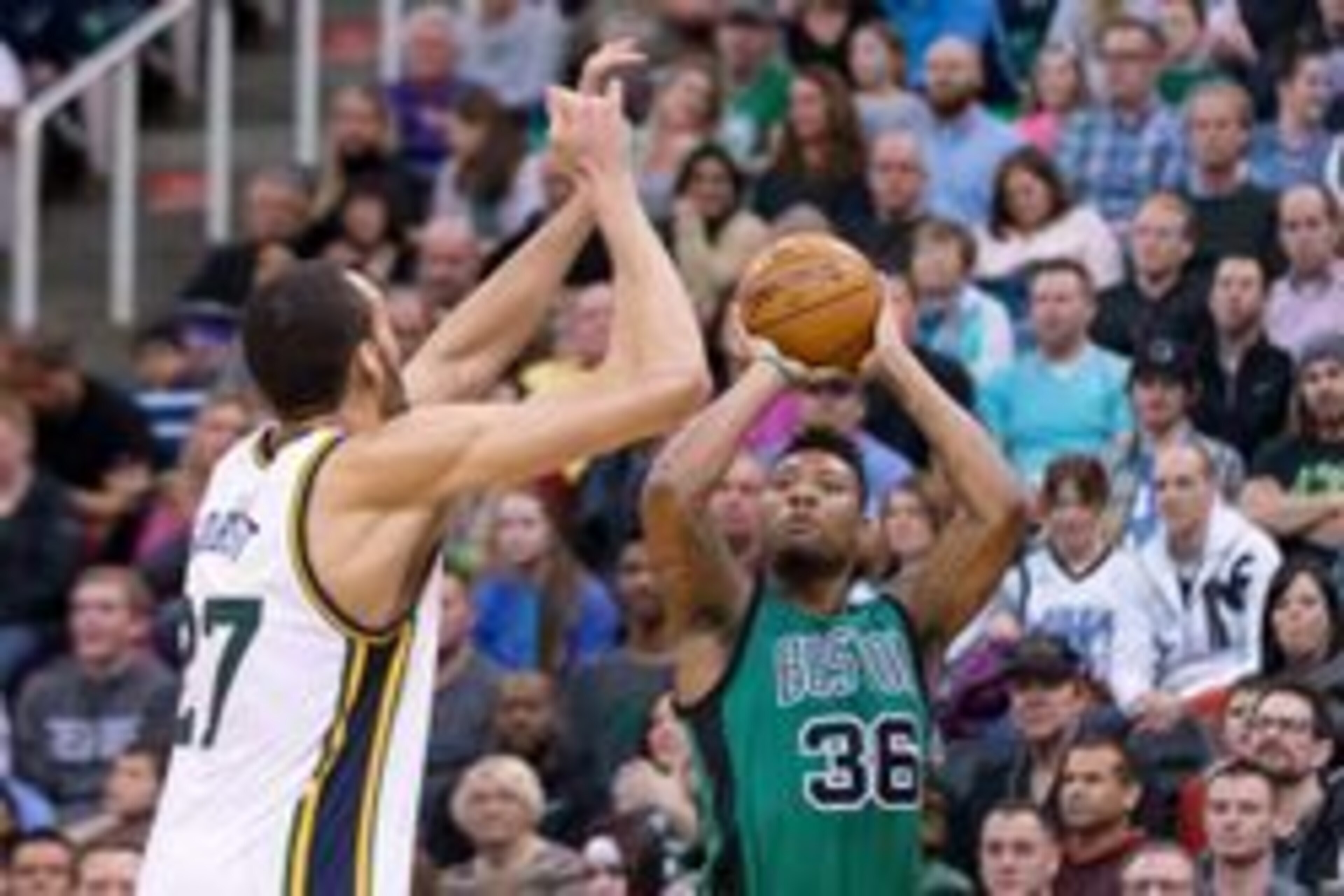 Feb 19, 2016; Salt Lake City, UT, USA; Boston Celtics guard Marcus Smart (36) shoots the ball against Utah Jazz center Rudy Gobert (27) during the first half at Vivint Smart Home Arena. Mandatory Credit: Russ Isabella-USA TODAY Sports Feb 19, 2016; Salt Lake City, UT, USA; Boston Celtics guard Marcus Smart (36) shoots the ball against Utah Jazz center Rudy Gobert (27) during the first half at Vivint Smart Home Arena. Mandatory Credit: Russ Isabella-USA TODAY Sports