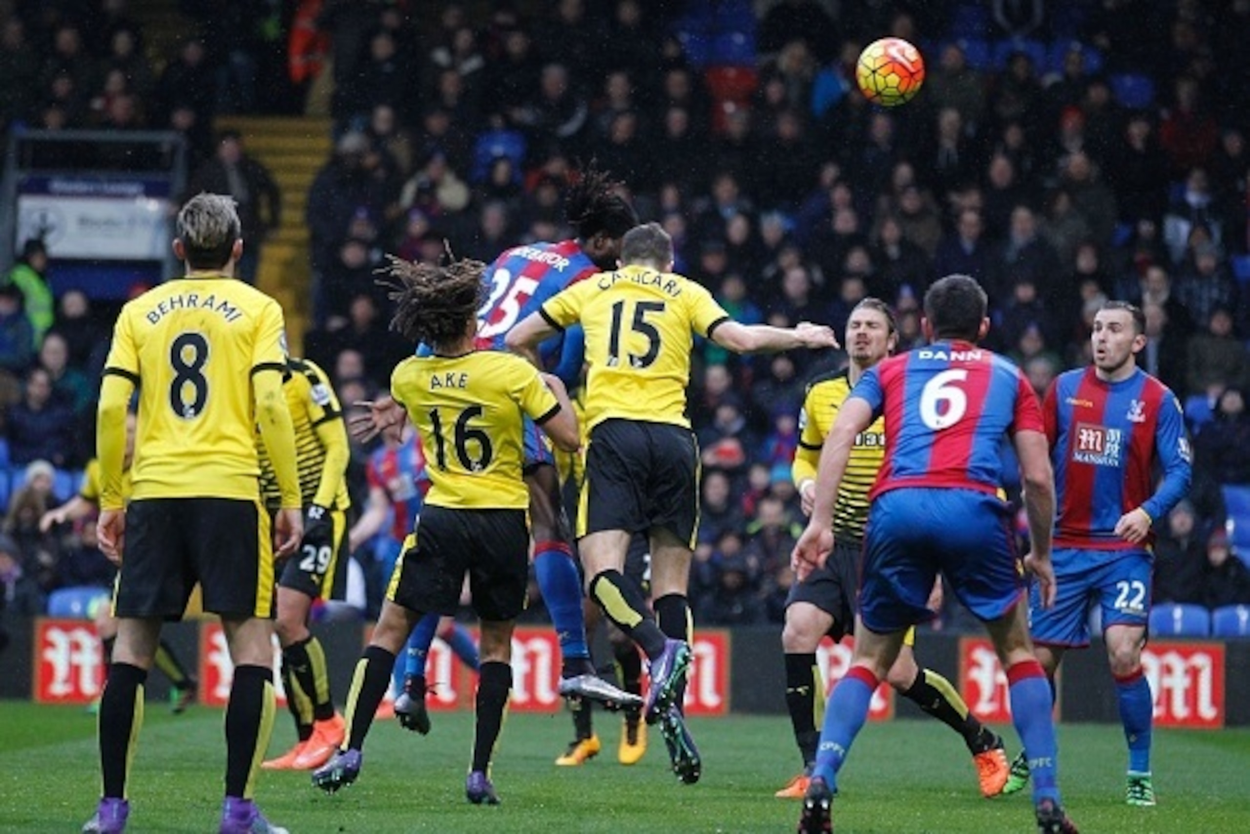 Crystal Palace's Togolese striker Emmanuel Adebayor (3L) heads the ball to score his team's first goal to equalise 1-1 during the English Premier League football match between Crystal Palace and Watford at Selhurst Park in south London on February 13, 201