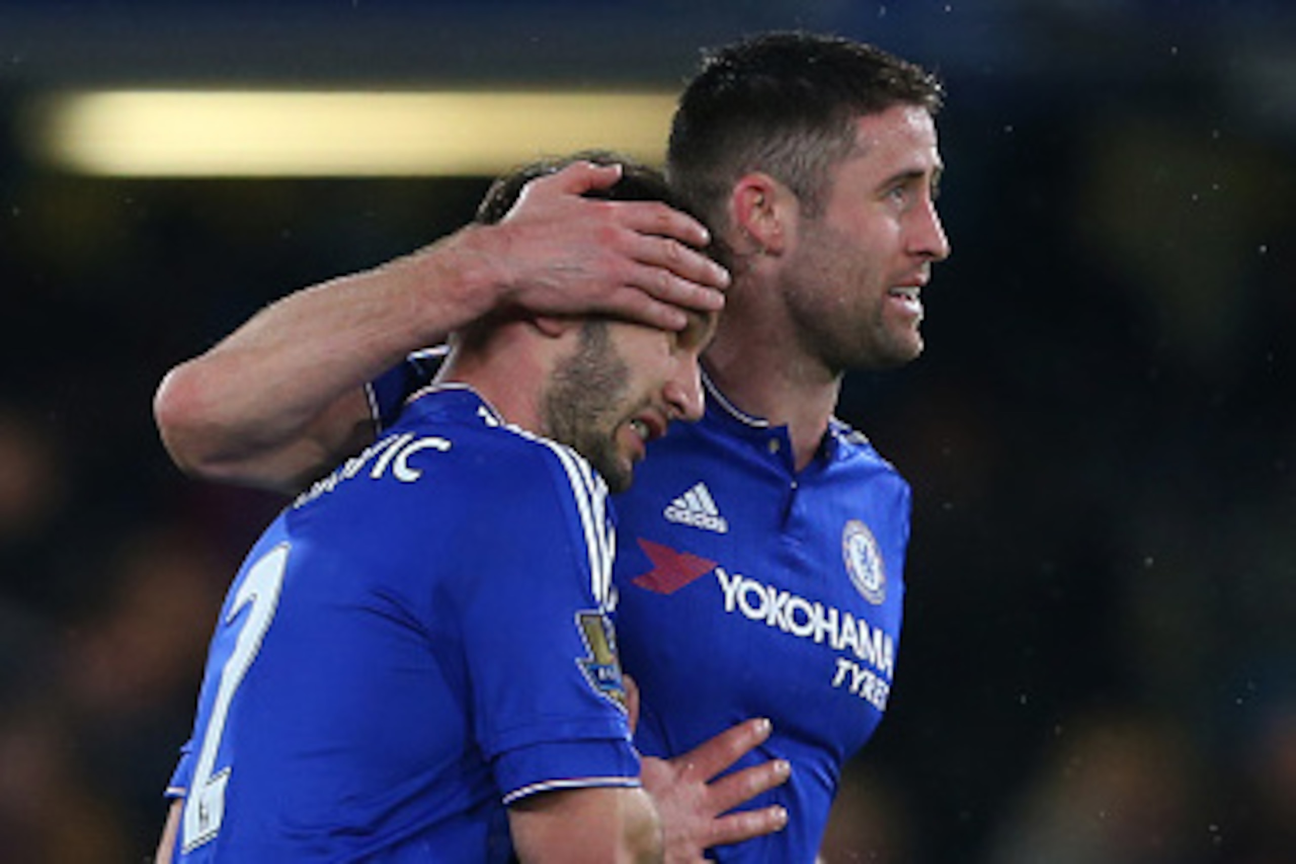 LONDON, ENGLAND - FEBRUARY 13 :  Gary Cahill of Chelsea hugs Branislav Ivanovic of Chelsea during the Barclays Premier League match between Chelsea and Newcastle United at Stamford Bridge on February 13, 2016 in London, England.  (Photo by Catherine Ivill