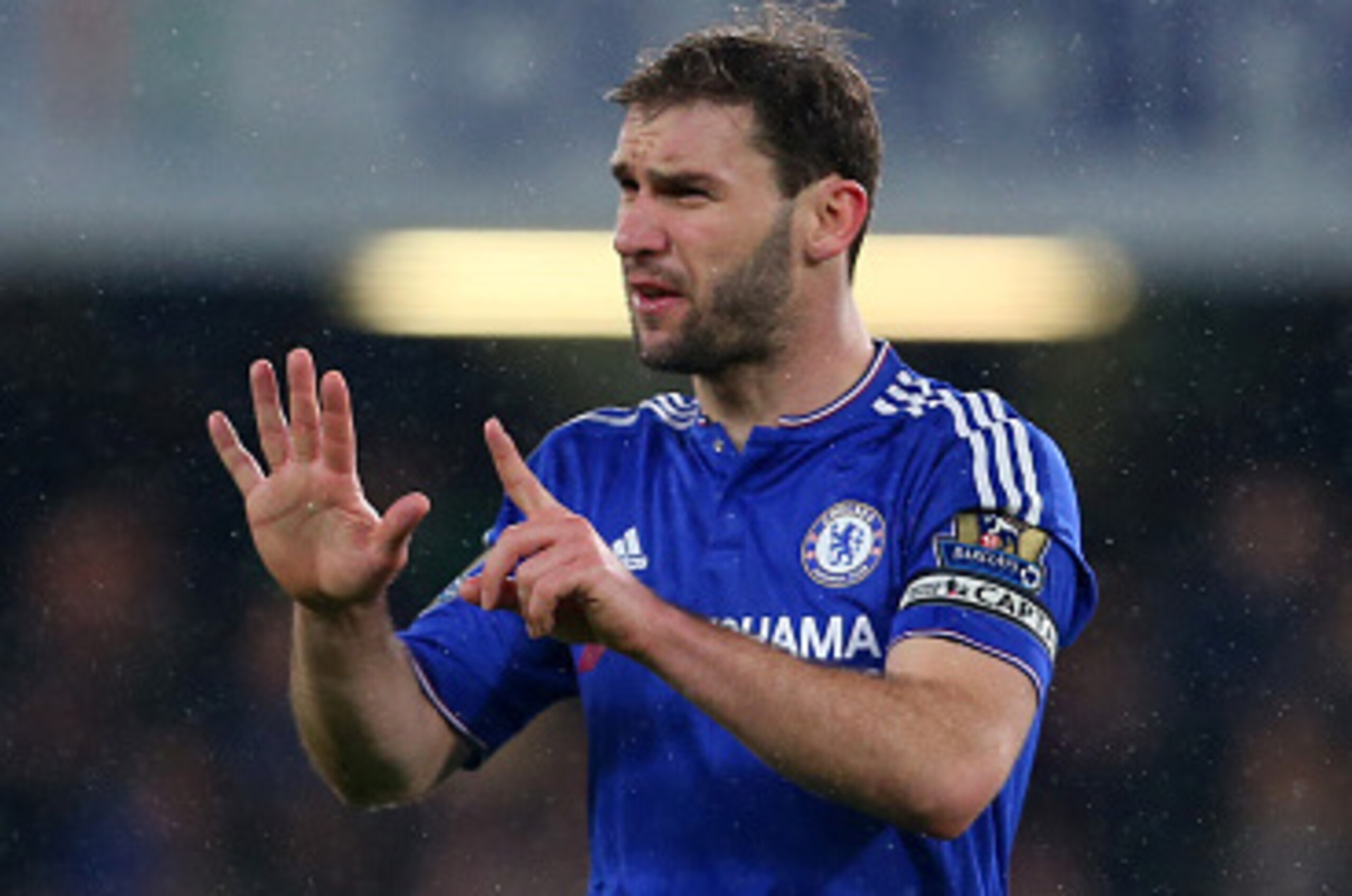 LONDON, ENGLAND - FEBRUARY 13 :  Branislav Ivanovic of Chelsea holds his fingers up which by coincidence matched the 5-1 scoreline during the Barclays Premier League match between Chelsea and Newcastle United at Stamford Bridge on February 13, 2016 in Lon