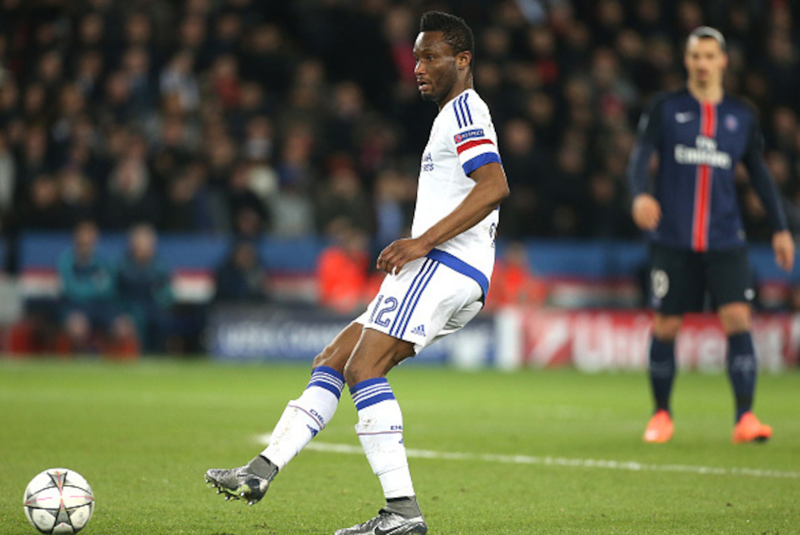 PARIS - FEBRUARY 16: John Obi Mikel of Chelsea in action during during the UEFA Champions League round of 16 first leg match between Paris Saint-Germain (PSG) and Chelsea FC at Parc des Princes stadium on February 16, 2016 in Paris, France. (Photo by Jean