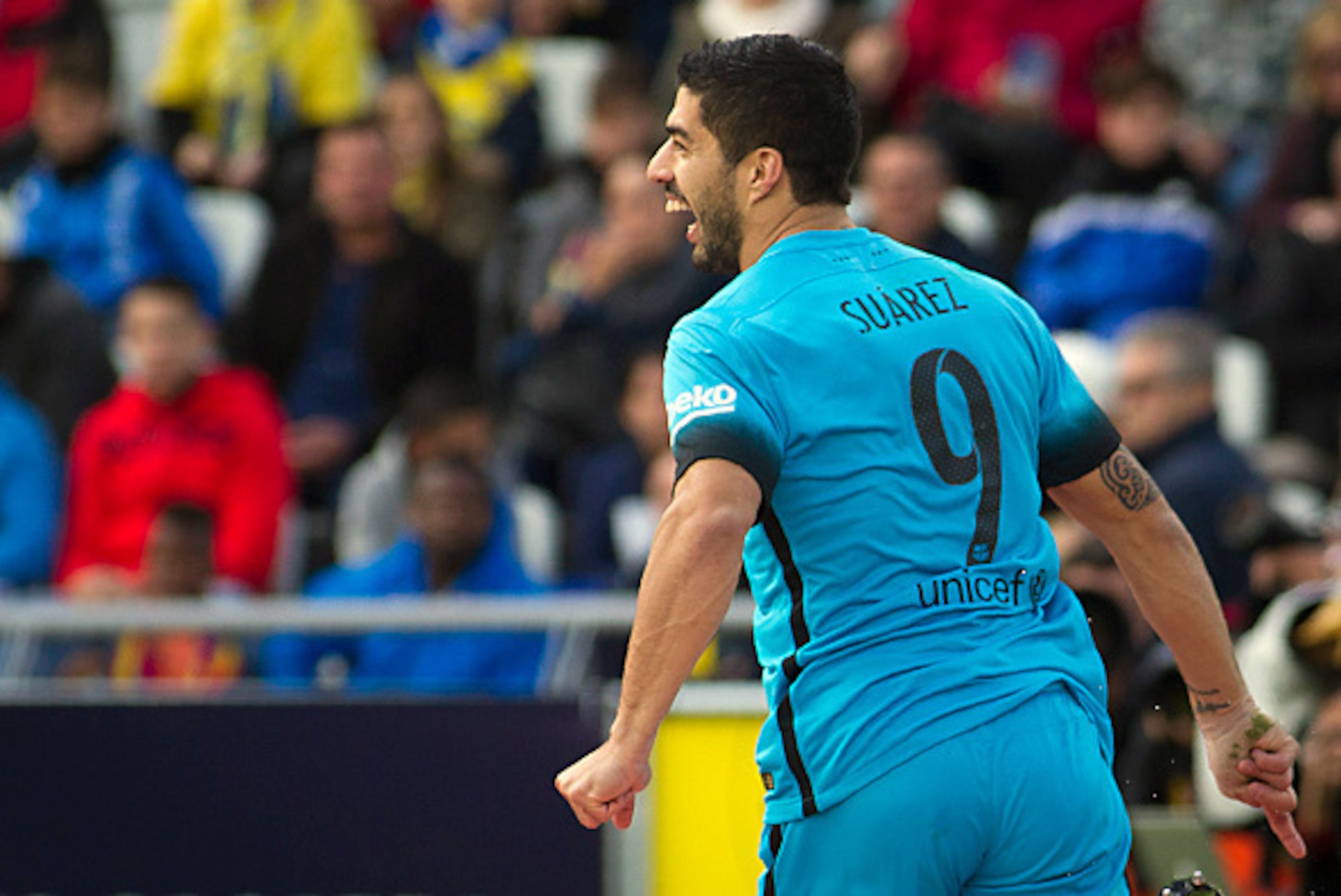 Barcelona's Uruguayan forward Luis Suarez celebrates a goal during the Spanish league football match UD Las Palmas vs FC Barcelona at the Gran Canaria stadium in Las Palmas de Gran Canaria on February 20, 2016. / AFP / JAIME REINA        (Photo credit sho