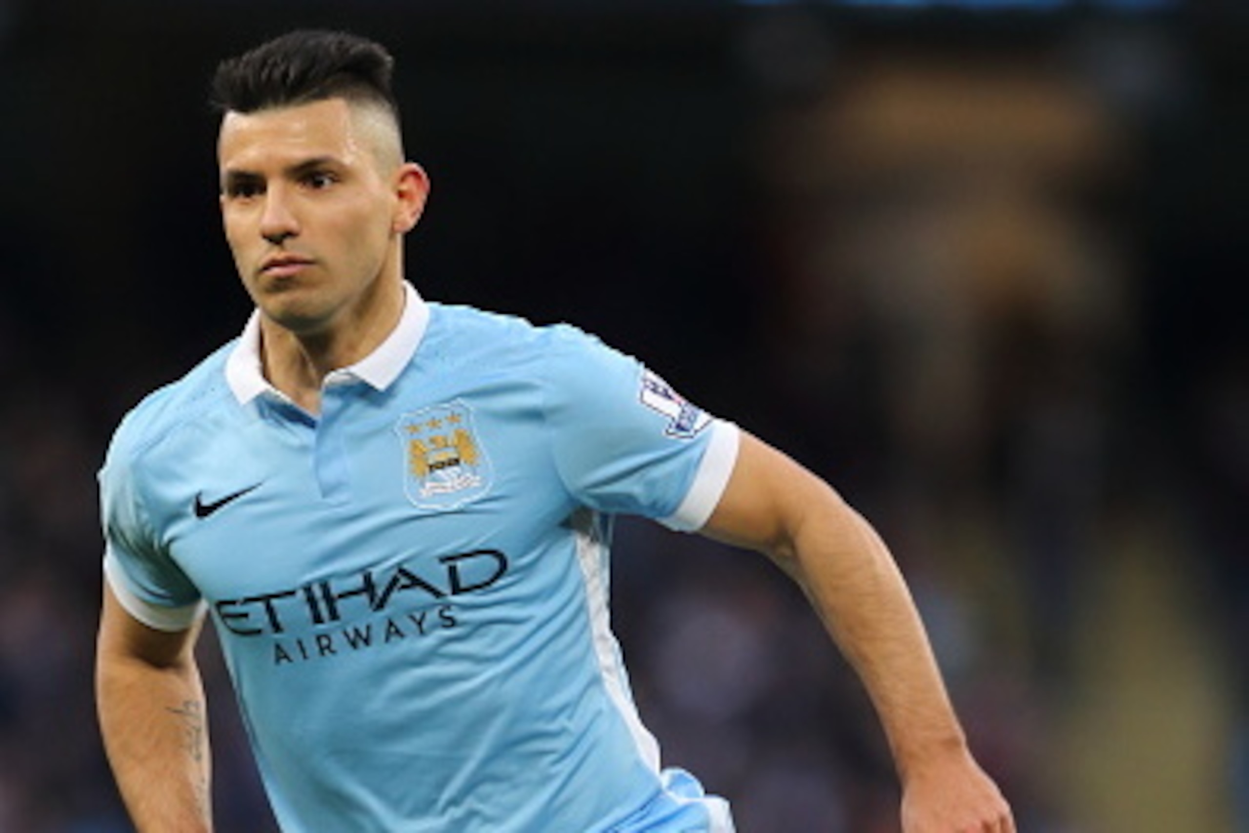 MANCHESTER, ENGLAND - FEBRUARY 14 :  Sergio Aguero of Manchester City during the Barclays Premier League match between Manchester City and Tottenham Hotspur at the Etihad Stadium  on February 14, 2016 in Manchester, England.  (Photo by Matthew Ashton - AM