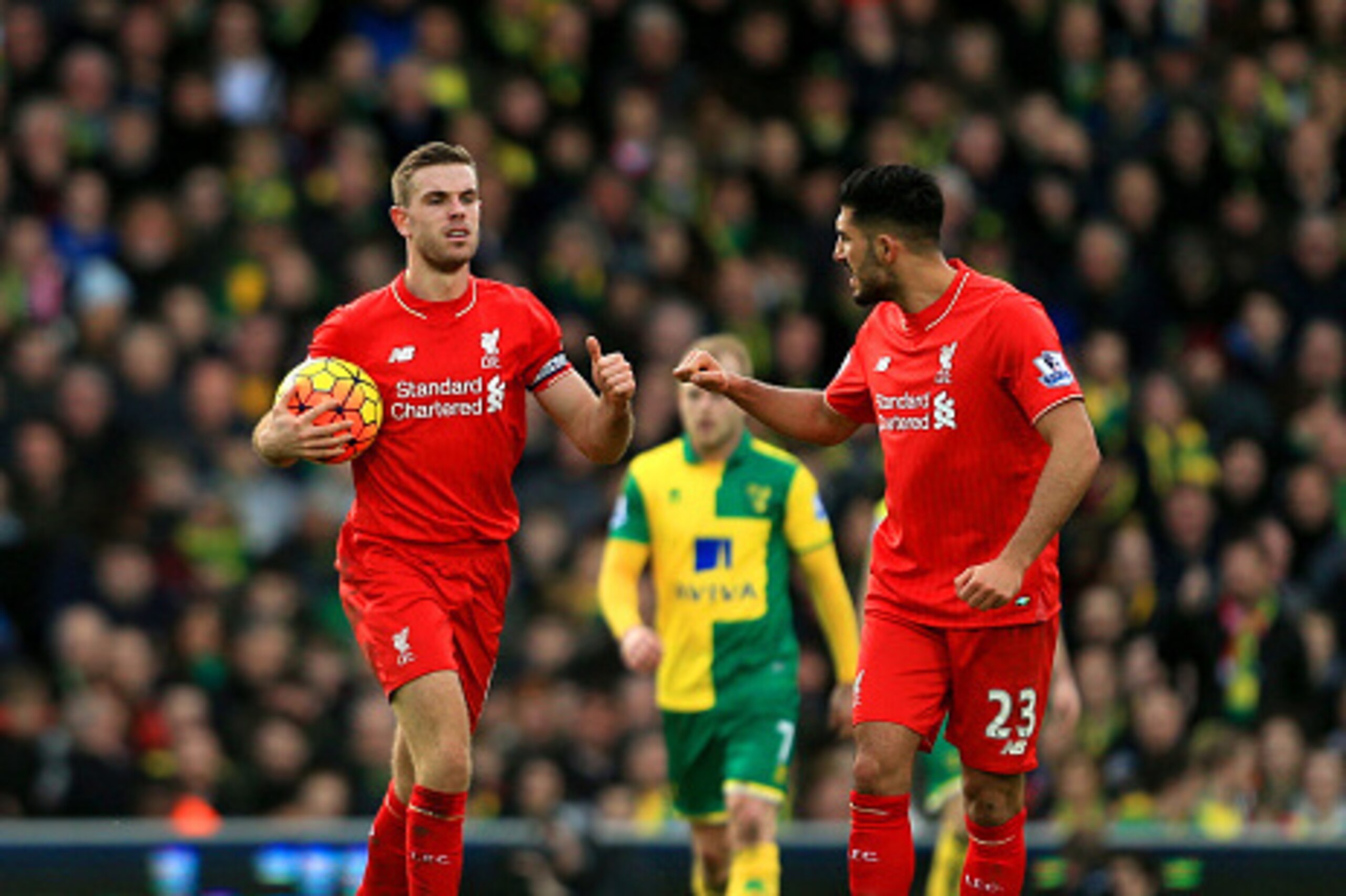 NORWICH, ENGLAND - JANUARY 23: Jordan Henderson (L) of Liverpool celebrate with Emre Can (R) after scoring his team's second goal during the Barclays Premier League match between Norwich City and Liverpool at Carrow Road on January 23, 2016 in Norwich, E NORWICH, ENGLAND - JANUARY 23: Jordan Henderson (L) of Liverpool celebrate with Emre Can (R) after scoring his team's second goal during the Barclays Premier League match between Norwich City and Liverpool at Carrow Road on January 23, 2016 in Norwich, E