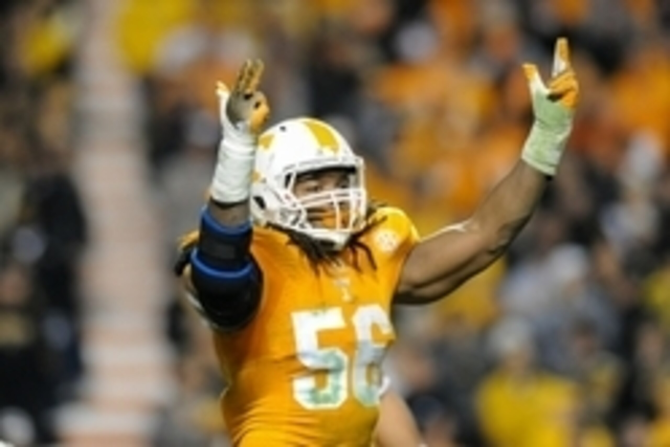 Nov 22, 2014; Knoxville, TN, USA;  Tennessee Volunteers defensive lineman Curt Maggitt (56) during the first half against the Missouri Tigers at Neyland Stadium. Mandatory Credit: Randy Sartin-USA TODAY Sports