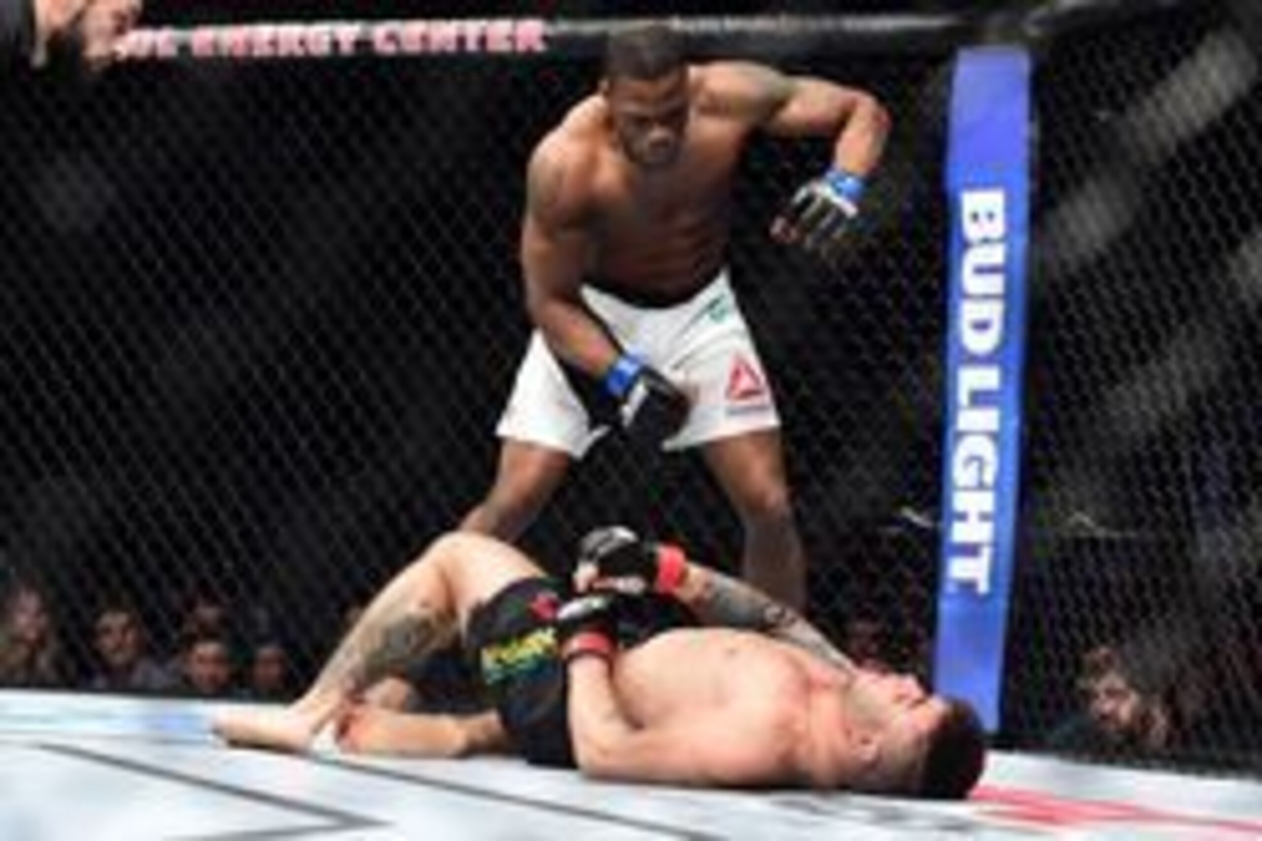 Feb 21, 2016; Pittsburgh, PA, USA; Oluwale Bamgbose (blue gloves) stands over Daniel Sarafian (red gloves)  during UFC Fight Night at the Consol Energy Center. Mandatory Credit: David Dermer-USA TODAY Sports