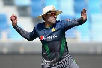 DUBAI, UNITED ARAB EMIRATES - OCTOBER 21:  Pakistan captain Misbah-ul-Haq fields the ball during a nets session at Dubai Cricket Stadium on October 21, 2015 in Dubai, United Arab Emirates.  (Photo by Gareth Copley/Getty Images)
