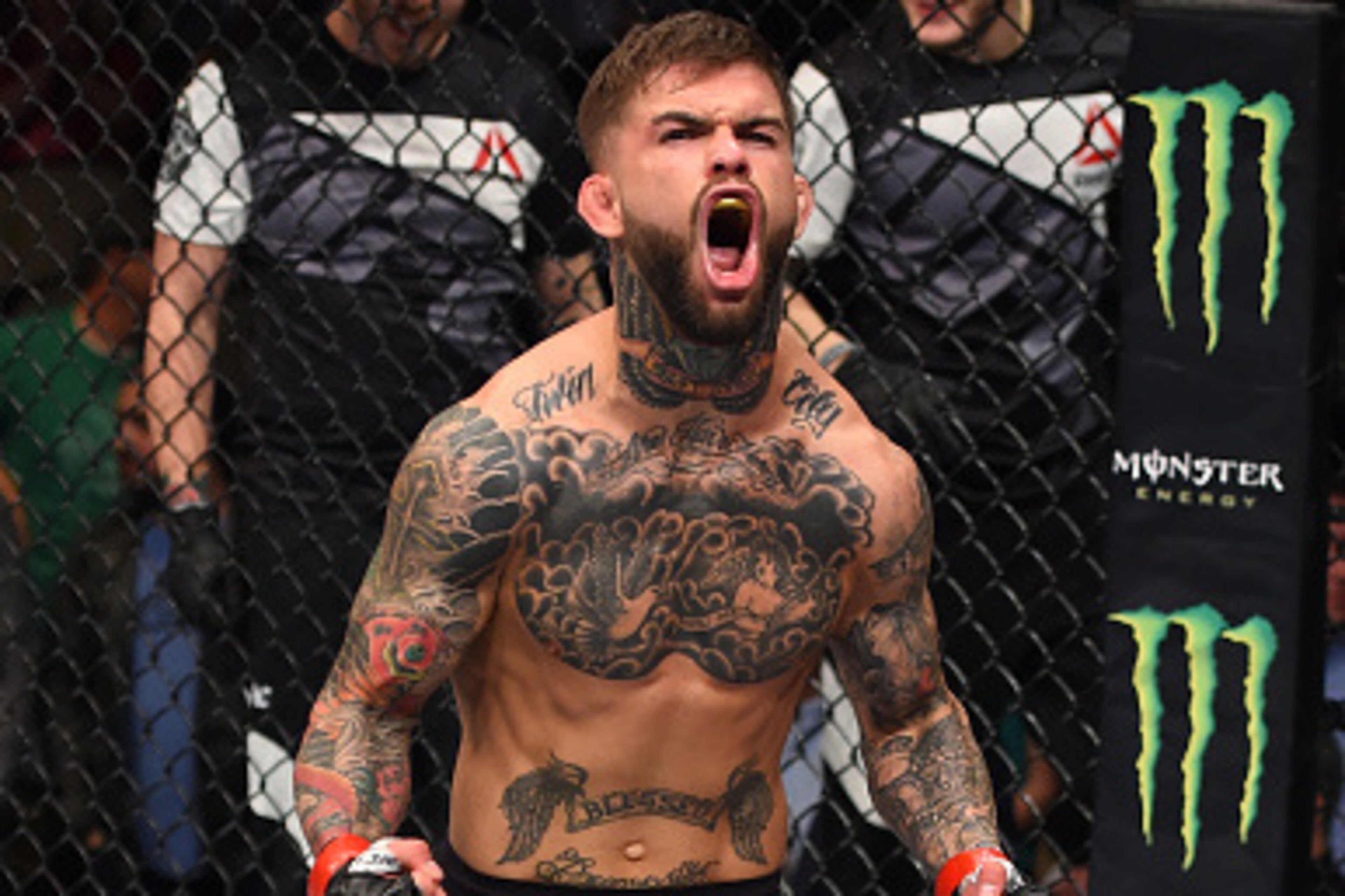 PITTSBURGH, PA - FEBRUARY 21:  Cody Garbrandt celebrates his knockout victory over Augusto Mendes in their bantamweight bout during the UFC Fight Night event at Consol Energy Center on February 21, 2016 in Pittsburgh, Pennsylvania. (Photo by Jeff Bottari/