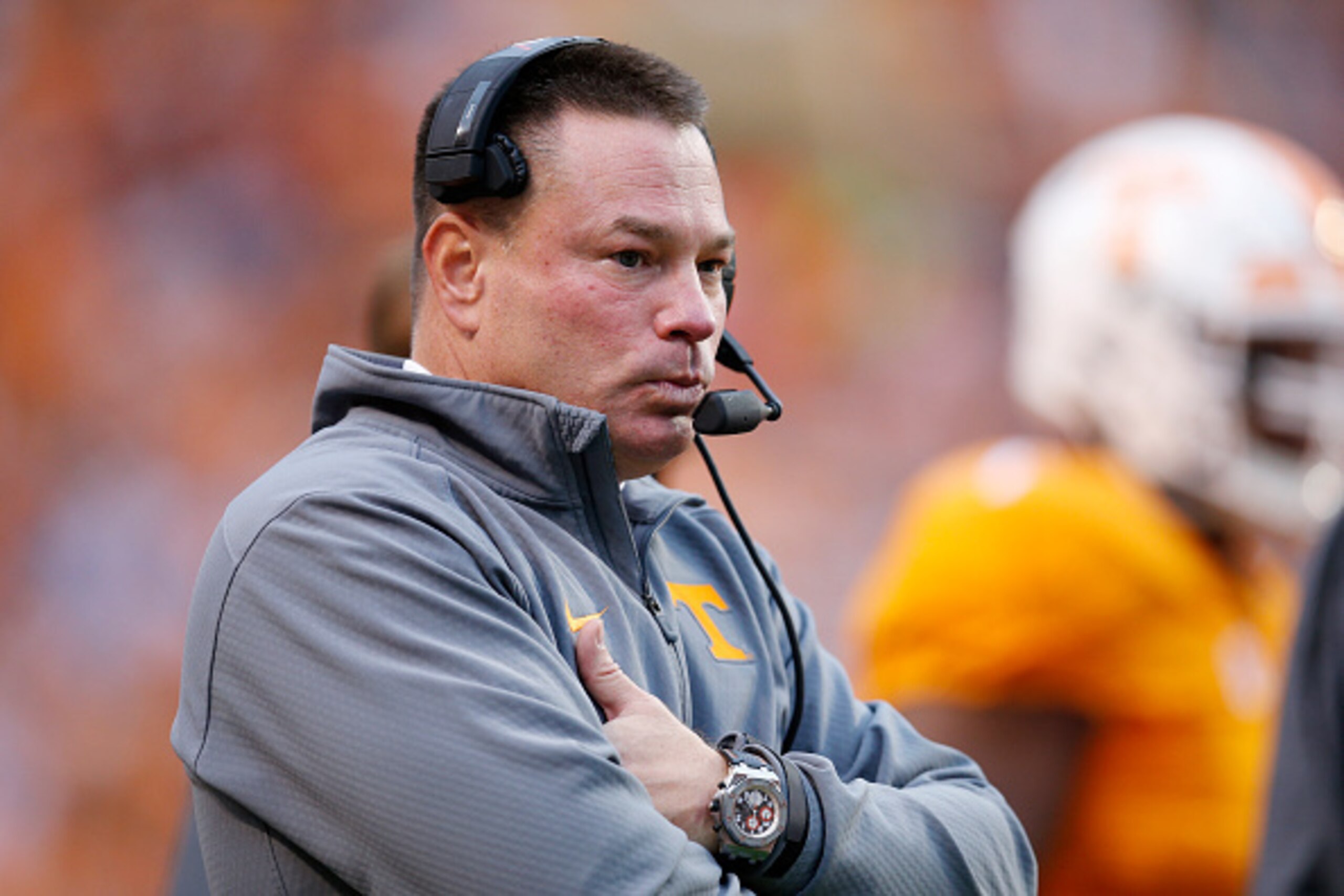 KNOXVILLE, TN - NOVEMBER 7: Head coach Butch Jones of the Tennessee Volunteers looks on during a game against the South Carolina Gamecocks at Neyland Stadium on November 7, 2015 in Knoxville, Tennessee. Tennessee defeated South Carolina 27-24. (Photo by J