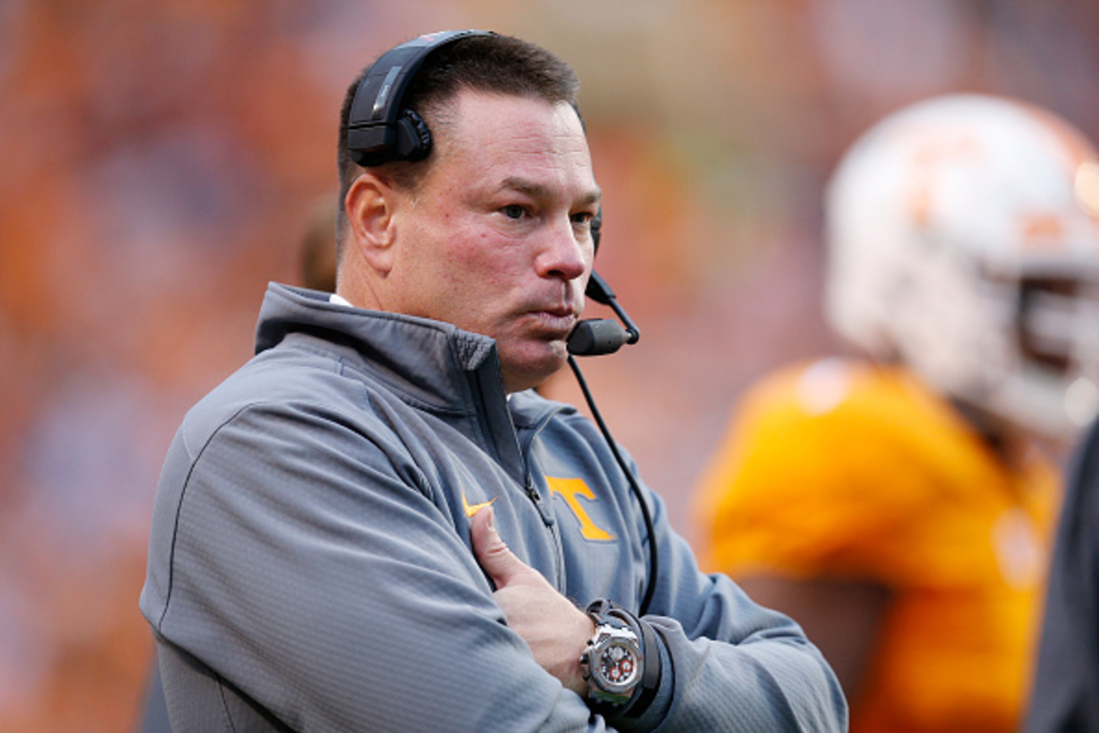 KNOXVILLE, TN - NOVEMBER 7: Head coach Butch Jones of the Tennessee Volunteers looks on during a game against the South Carolina Gamecocks at Neyland Stadium on November 7, 2015 in Knoxville, Tennessee. Tennessee defeated South Carolina 27-24. (Photo by J