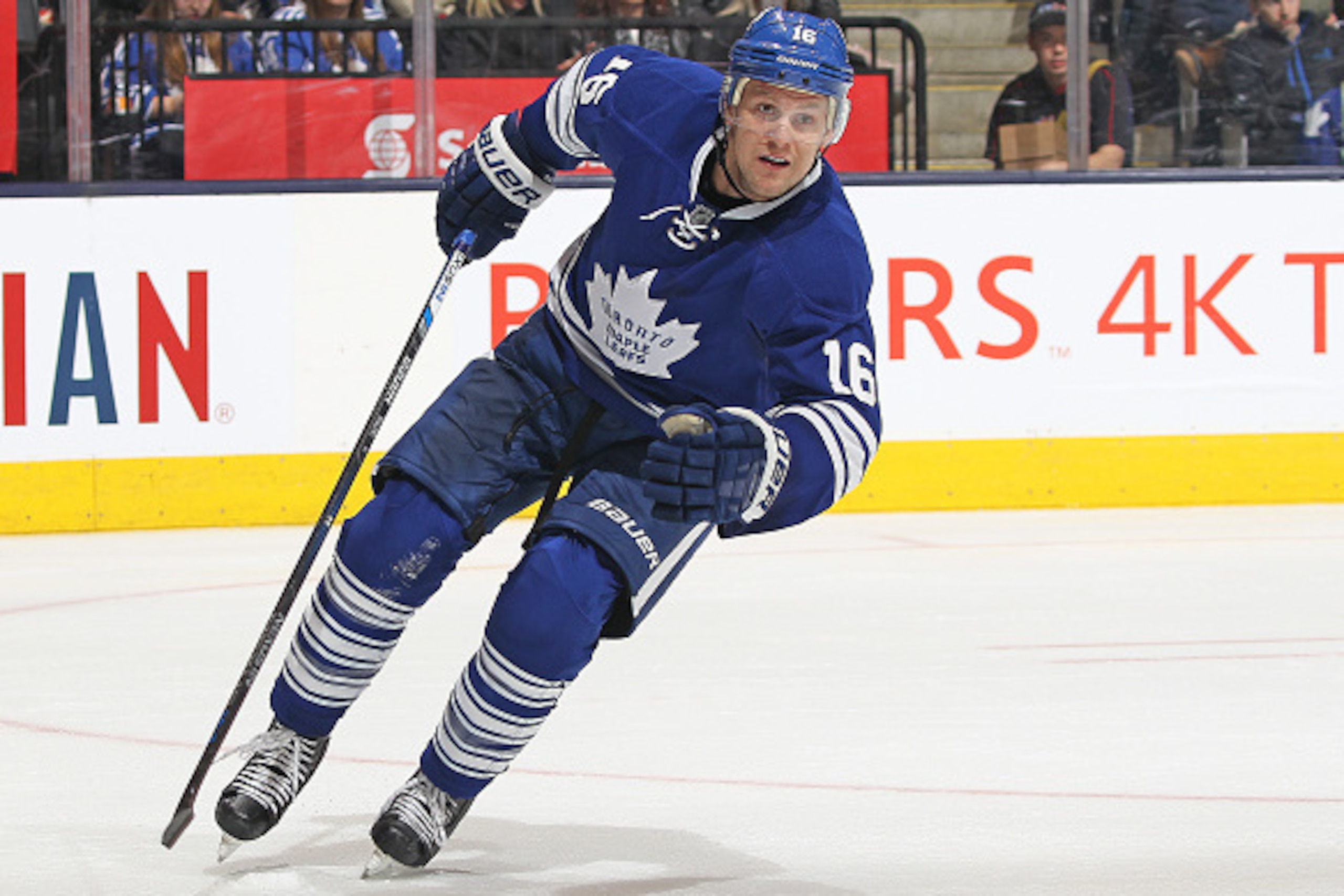 TORONTO, ON - FEBRUARY 18:  Nick Spaling #16 of the Toronto Maple Leafs skates against the New York Rangers during an NHL game at the Air Canada Centre on February 18, 2016 in Toronto, Ontario, Canada. The Rangers defeated the Maple Leafs 4-2. (Photo by C