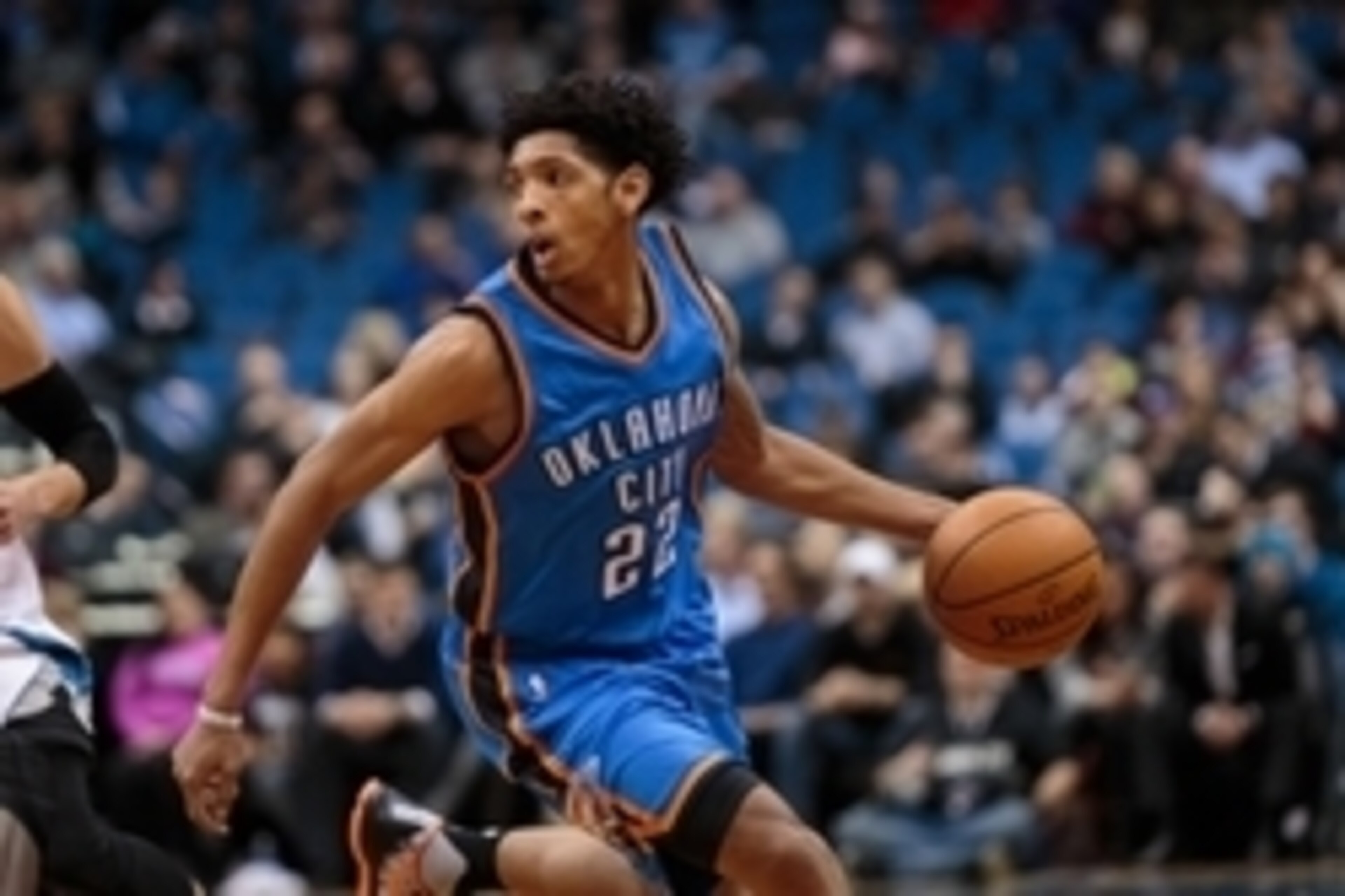 Jan 27, 2016; Minneapolis, MN, USA; Oklahoma City Thunder guard Cameron Payne (22) dribbles in the second quarter against the Minnesota Timberwolves at Target Center. Mandatory Credit: Brad Rempel-USA TODAY Sports