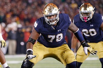 SOUTH BEND, IN - OCTOBER 17: Ronnie Stanley #78 of the Notre Dame Fighting Irish in action during a game against the USC Trojans at Notre Dame Stadium on October 17, 2015 in South Bend, Indiana. Notre Dame defeated USC 41-31. (Photo by Joe Robbins/Getty I