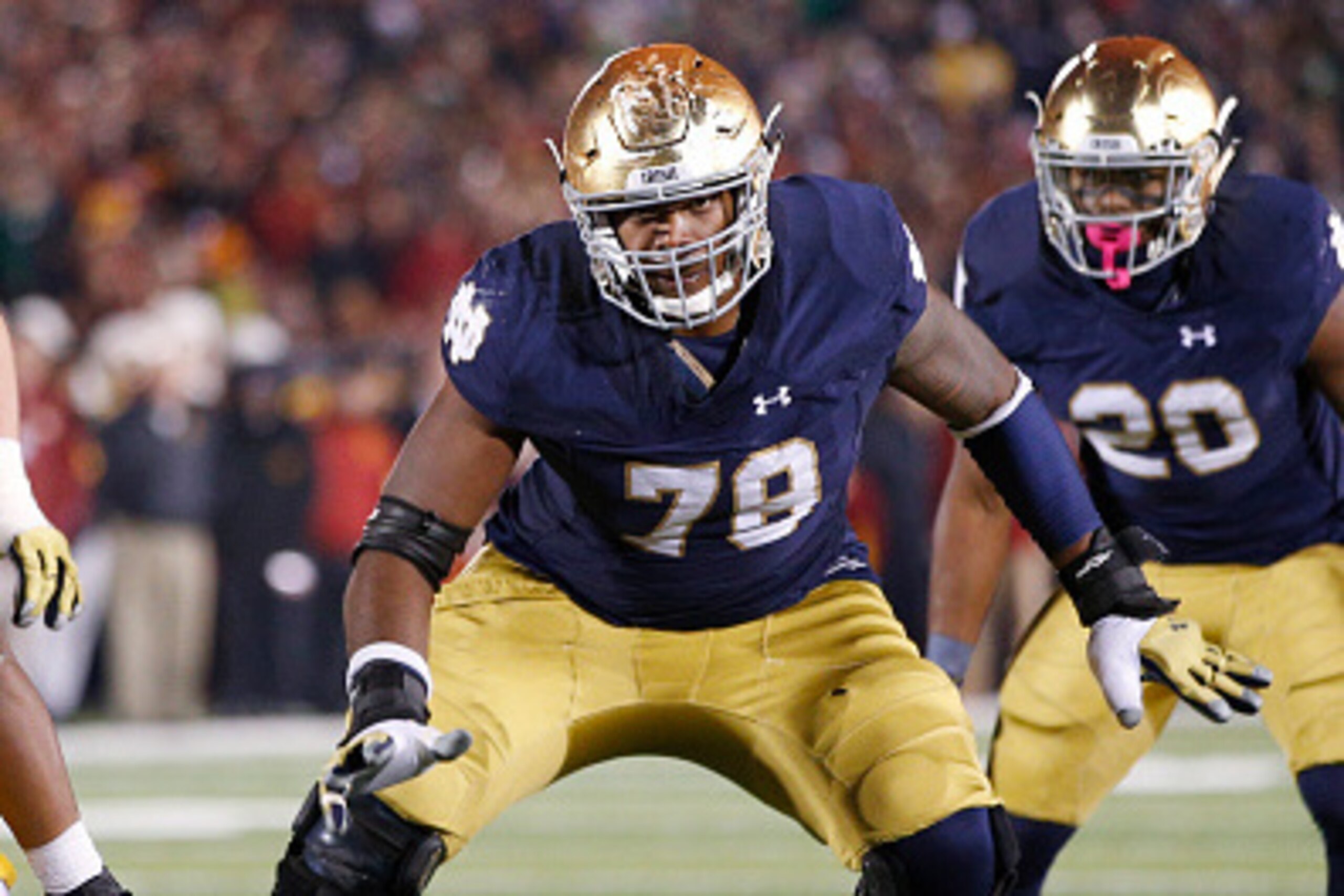 SOUTH BEND, IN - OCTOBER 17: Ronnie Stanley #78 of the Notre Dame Fighting Irish in action during a game against the USC Trojans at Notre Dame Stadium on October 17, 2015 in South Bend, Indiana. Notre Dame defeated USC 41-31. (Photo by Joe Robbins/Getty I