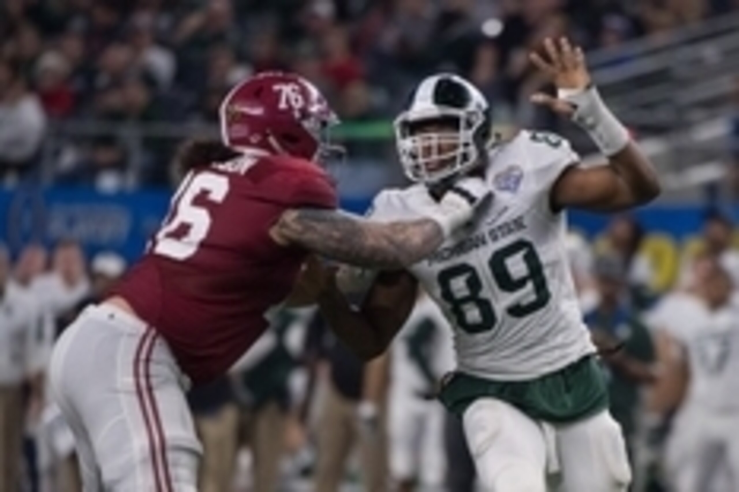 Dec 31, 2015; Arlington, TX, USA; Alabama Crimson Tide offensive lineman Dominick Jackson (76) and Michigan State Spartans defensive end Shilique Calhoun (89) during the game in the 2015  Cotton Bowl at AT&T Stadium. Mandatory Credit: Jerome Miron-USA TOD
