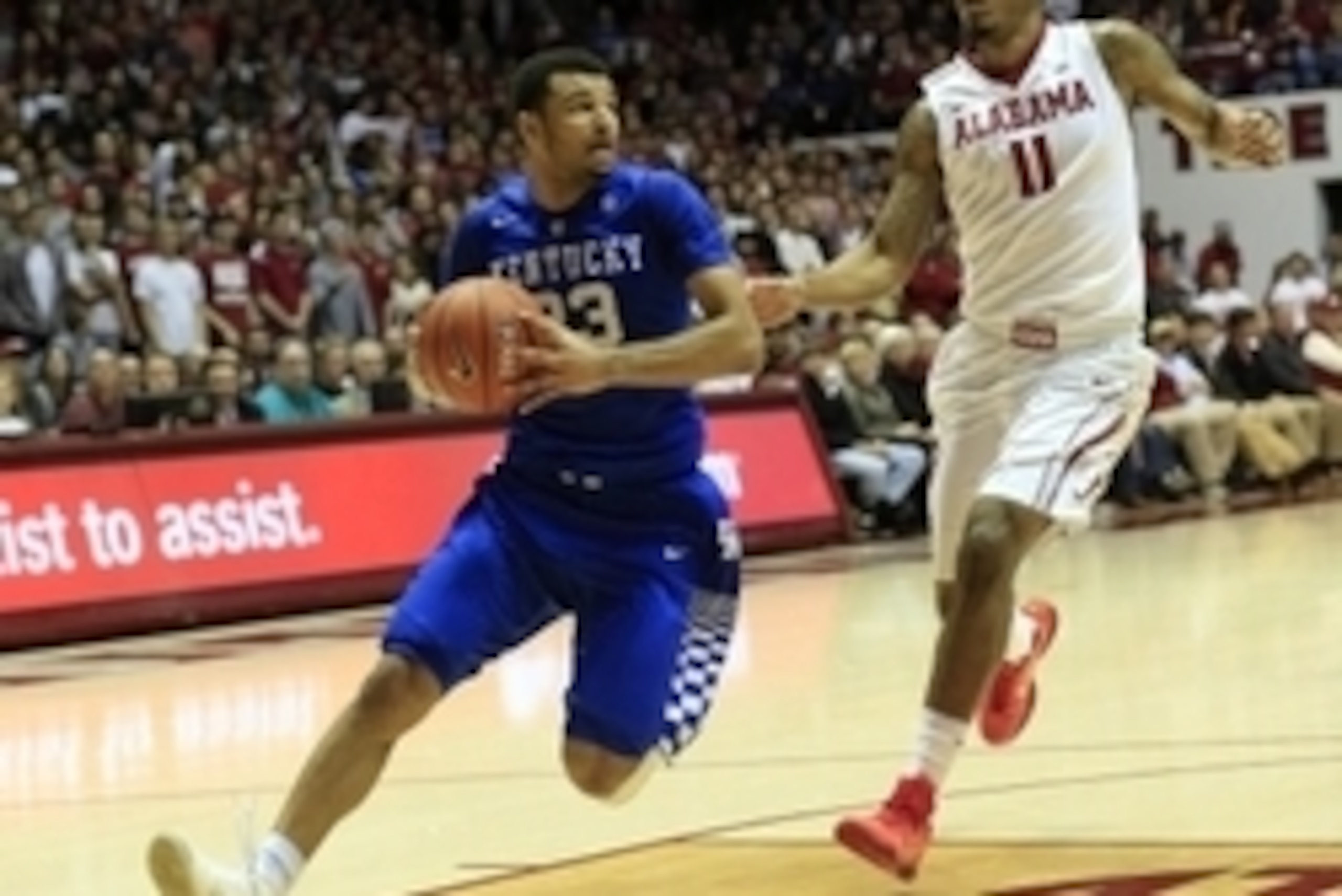 Jan 9, 2016; Tuscaloosa, AL, USA; Kentucky Wildcats guard Jamal Murray (23) goes down the court and looks back at Alabama Crimson Tide forward Shannon Hale (11) as he prepares to shoot at Coleman Coliseum. Mandatory Credit: Marvin Gentry-USA TODAY Sports Jan 9, 2016; Tuscaloosa, AL, USA; Kentucky Wildcats guard Jamal Murray (23) goes down the court and looks back at Alabama Crimson Tide forward Shannon Hale (11) as he prepares to shoot at Coleman Coliseum. Mandatory Credit: Marvin Gentry-USA TODAY Sports