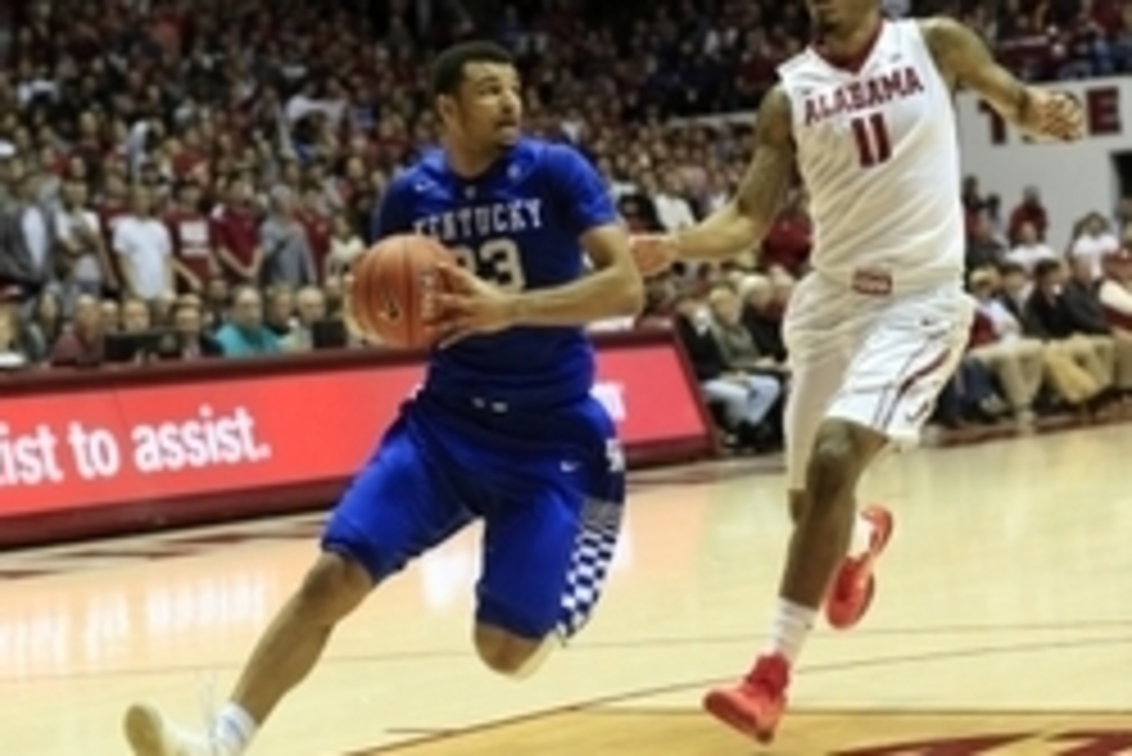 Jan 9, 2016; Tuscaloosa, AL, USA; Kentucky Wildcats guard Jamal Murray (23) goes down the court and looks back at Alabama Crimson Tide forward Shannon Hale (11) as he prepares to shoot at Coleman Coliseum. Mandatory Credit: Marvin Gentry-USA TODAY Sports