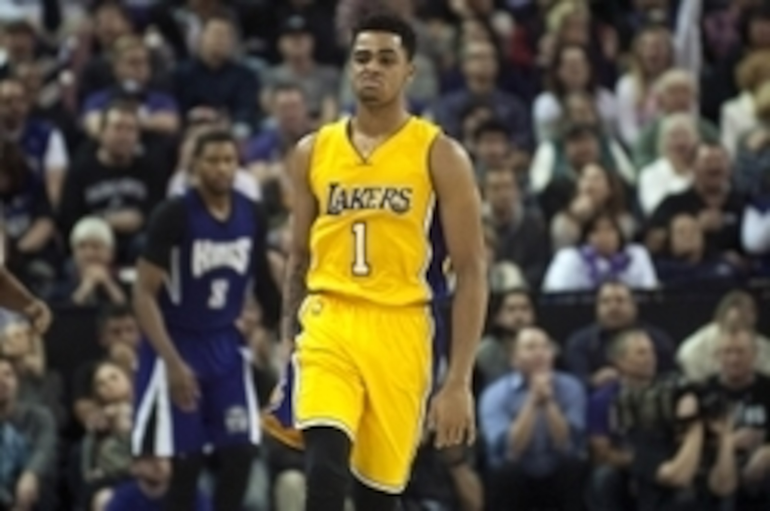 Jan 7, 2016; Sacramento, CA, USA; Los Angeles Lakers guard D'Angelo Russell (1) reacts after making a shot against the Sacramento Kings during the fourth quarter at Sleep Train Arena. The Sacramento Kings defeated the Los Angeles Lakers 118-115. Mandatory Jan 7, 2016; Sacramento, CA, USA; Los Angeles Lakers guard D'Angelo Russell (1) reacts after making a shot against the Sacramento Kings during the fourth quarter at Sleep Train Arena. The Sacramento Kings defeated the Los Angeles Lakers 118-115. Mandatory