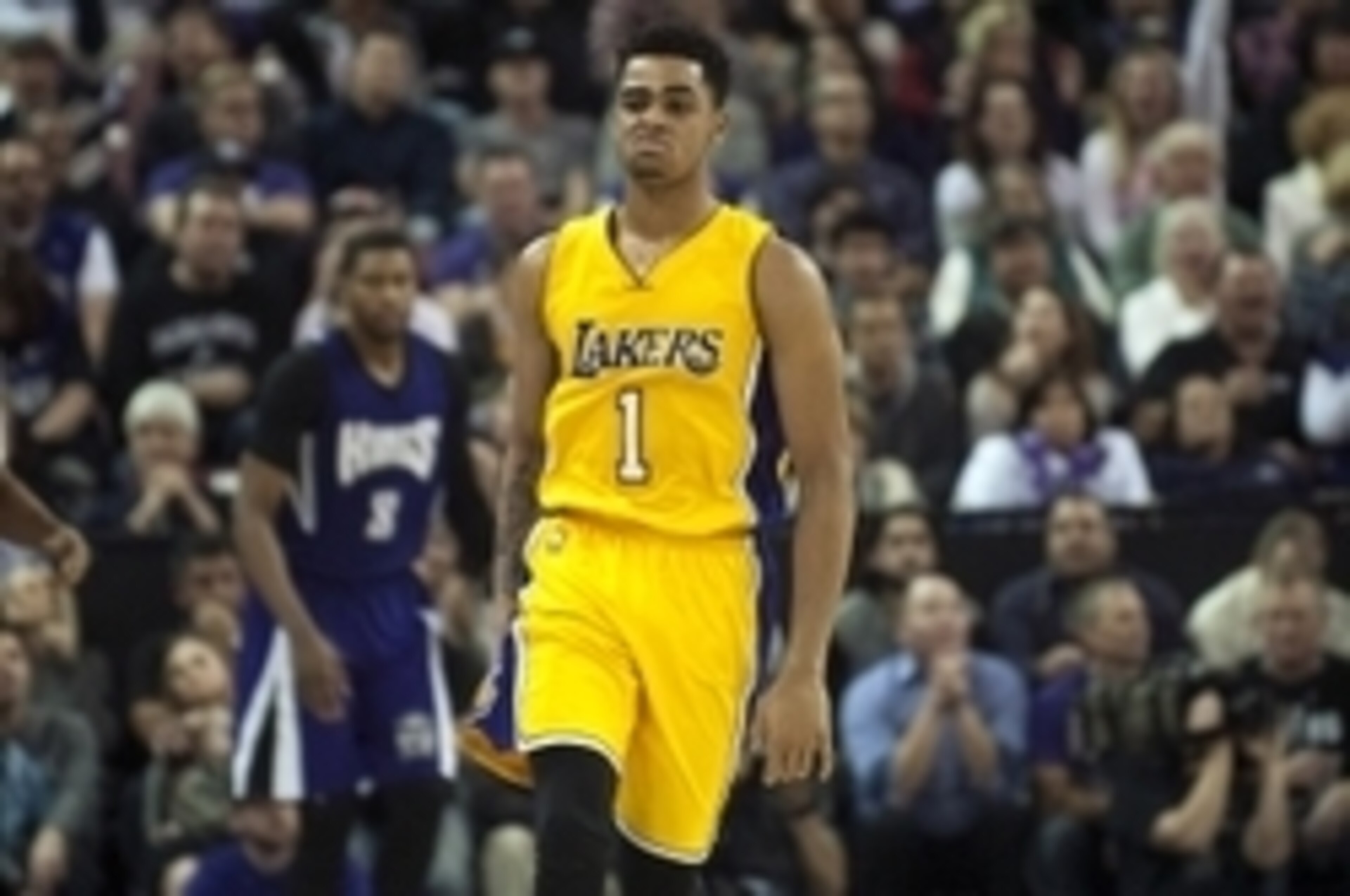 Jan 7, 2016; Sacramento, CA, USA; Los Angeles Lakers guard D'Angelo Russell (1) reacts after making a shot against the Sacramento Kings during the fourth quarter at Sleep Train Arena. The Sacramento Kings defeated the Los Angeles Lakers 118-115. Mandatory