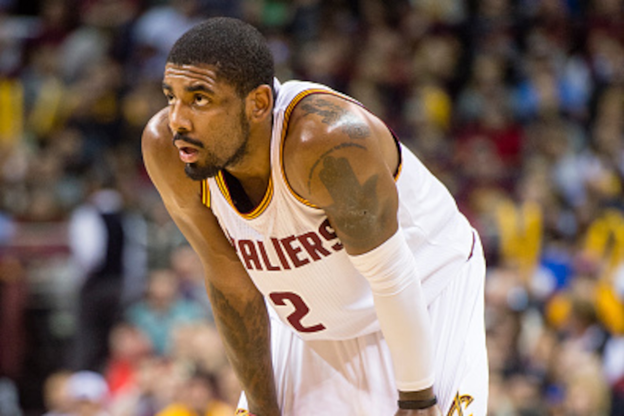 CLEVELAND, OH - FEBRUARY 8: Kyrie Irving #2 of the Cleveland Cavaliers pauses on the court during the second half against the Sacramento Kings at Quicken Loans Arena on February 8, 2016 in Cleveland, Ohio. The Cavaliers defeated the Kings 120-100. NOTE TO
