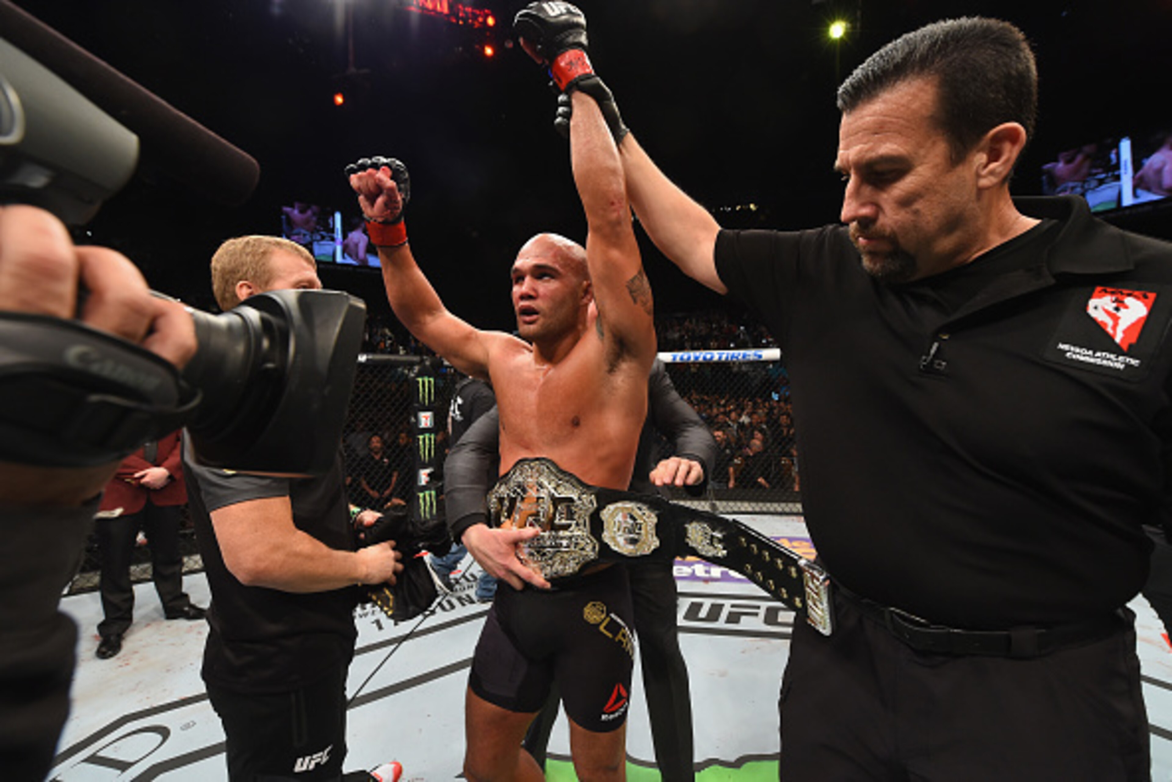 LAS VEGAS, NV - JANUARY 02:  Robbie Lawler reacts to his victory over Carlos Condit in their UFC welterweight championship bout during the UFC 195 event inside MGM Grand Garden Arena on January 2, 2016 in Las Vegas, Nevada.  (Photo by Josh Hedges/Zuffa LL