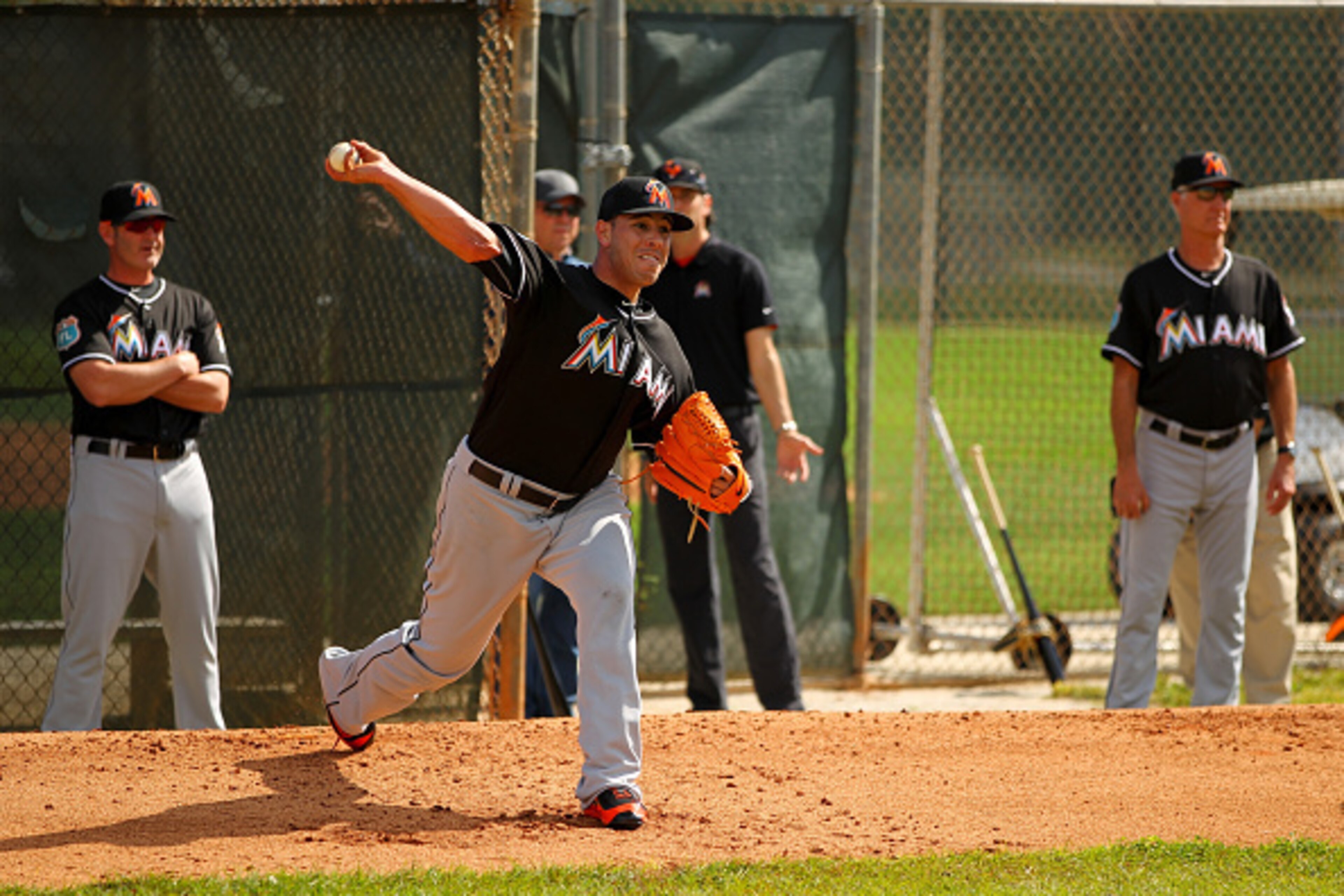 MIAMI, FL - FEBRUARY 22: Pitcher Jose Fernandez #16 during a Miami Marlins workout on February 22, 2016 in Jupiter, Florida. (Photo by Rob Foldy/Getty Images)