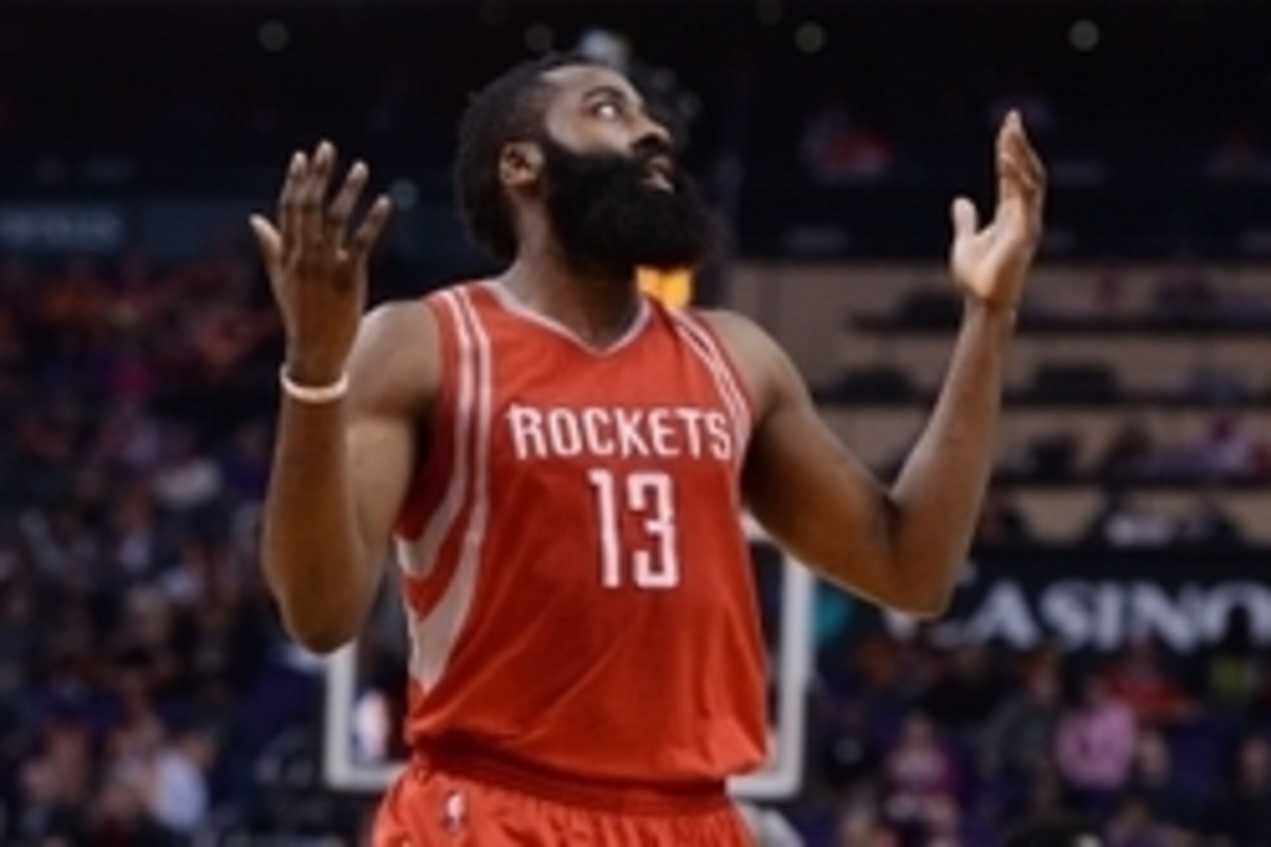 Feb 4, 2016; Phoenix, AZ, USA;  Houston Rockets guard James Harden (13) reacts on the court at Talking Stick Resort Arena. Mandatory Credit: Jennifer Stewart-USA TODAY Sports